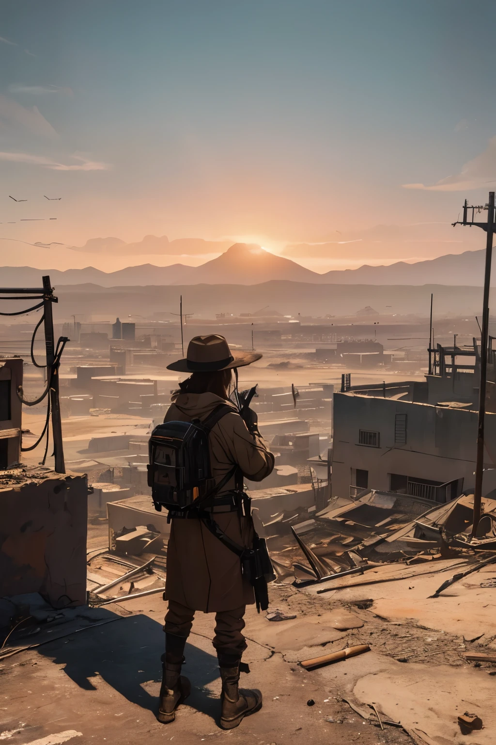 masterpiece, top quality, 16K UHD,
post-apocalyptic, desert town,
gritty, survival anime style,
mechanical beasts, traders,
sun-kissed ruins, cracked earth,
dust clouded air, parched trees,
scorching sun, worn out buildings,
harsh winds, desperate faces,
solo, cracked leather clothes,
worn goggles, weathered hats,
scarred skin, calloused hands,
sunset, deep orange, burning red,
sky turned to ash, cracked horizon,
distant mountain range, emaciated figures,
scavenging for resources,