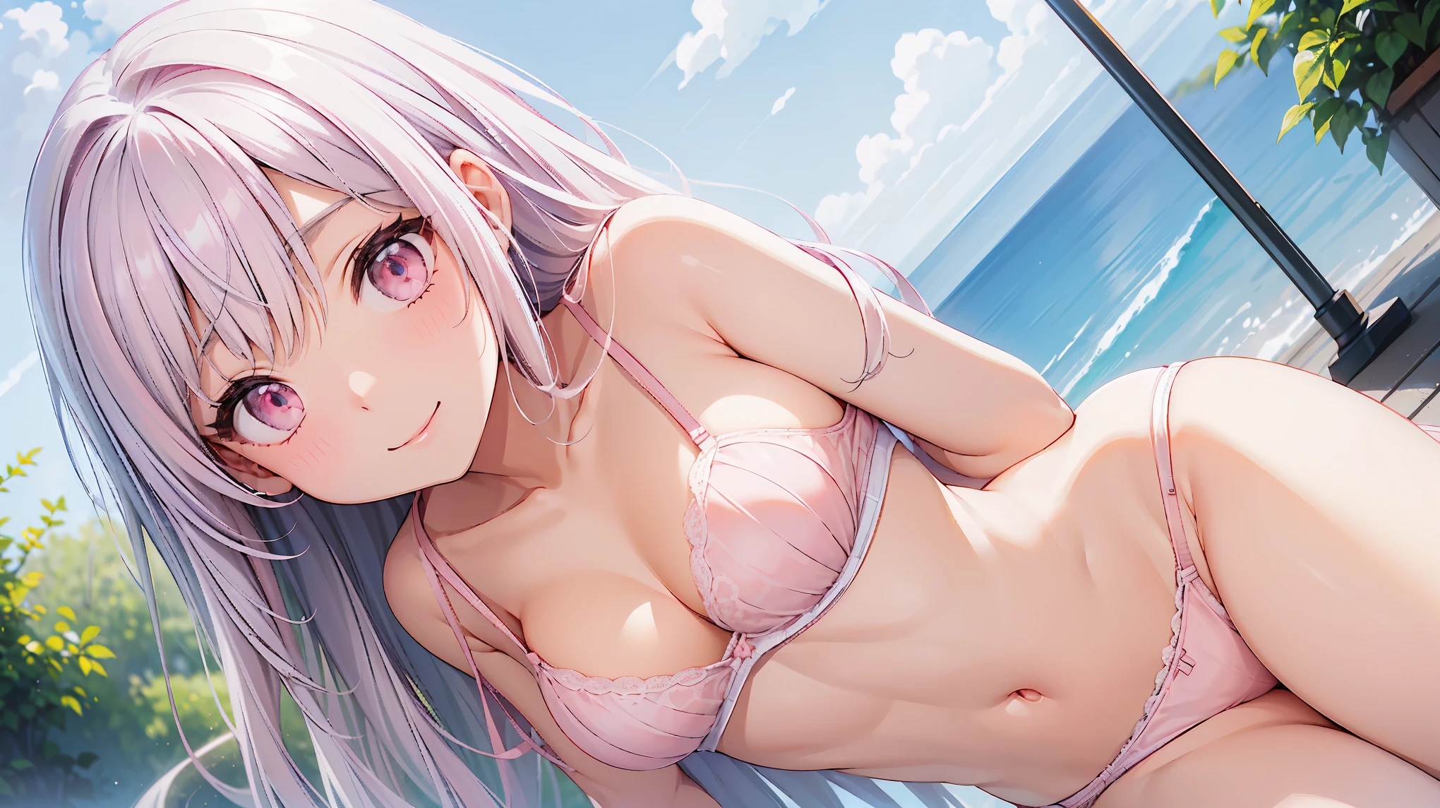 muste piece、highest quality、High resolution、nffsw、perfect pixel、1 girl、cute、beautiful eyelashes, realistic eyes、smile、((white and pink satin bra))、((white and pink satin panties))、Wearing only underwear、Smooth texture:0.75、blue sky outdoors、I can see your panties、Bra visible、Overall bright、black hair