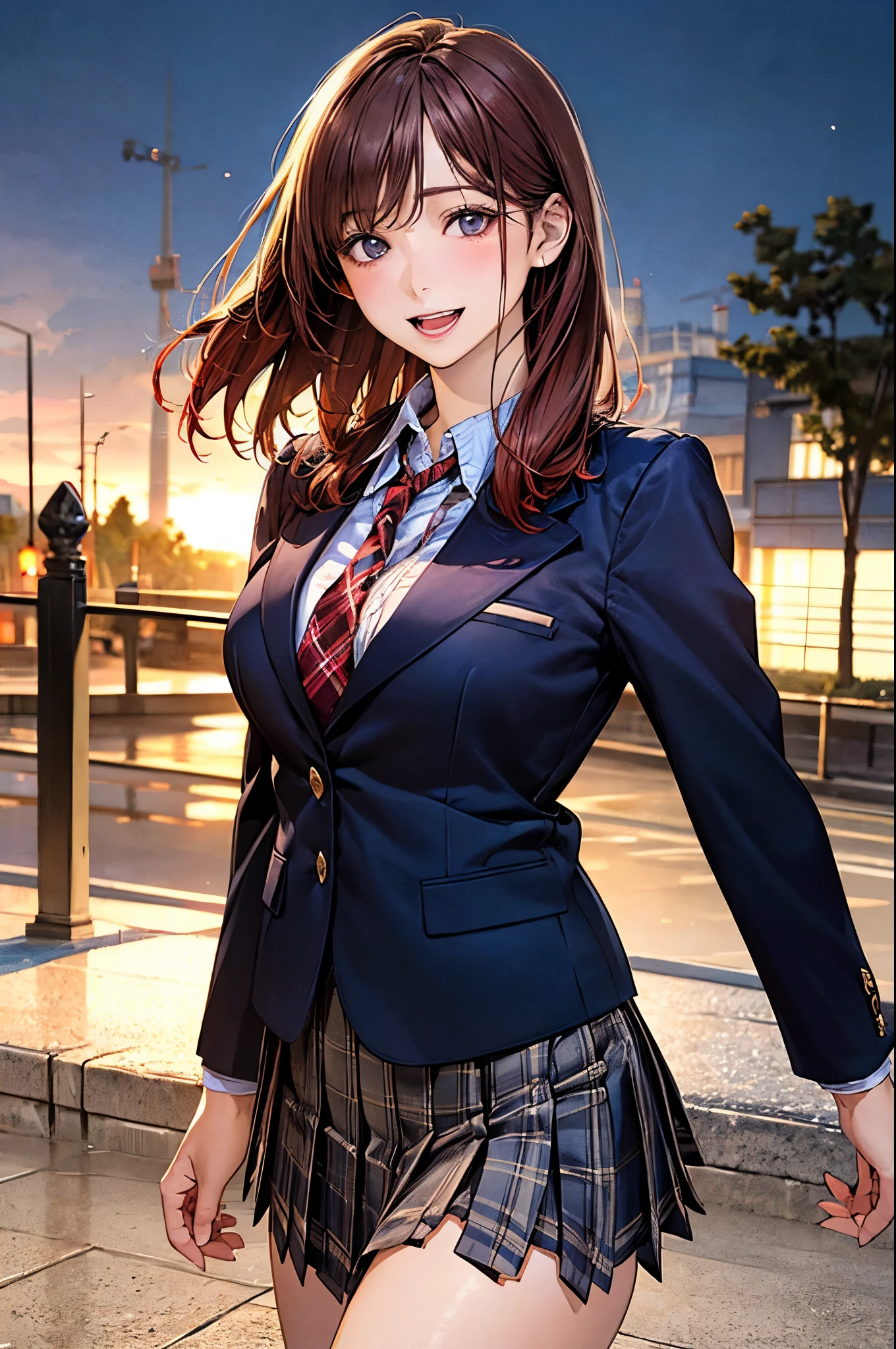(masterpiece:1.2, top-quality), (realistic, photorealistic:1.4), beautiful illustration, (natural side lighting, movie lighting),
looking at viewer, cowboy shot, front view, 1 girl, japanese, high school girl, perfect face, cute and symmetrical face, shiny skin,
(middle hair:1.2, two side up:1.2, brown hair), gold eyes, (large breasts:0.6, seductive thighs),
beautiful hair, beautiful face, beautiful detailed eyes, beautiful clavicle, beautiful body, beautiful chest, beautiful thigh, beautiful legs, beautiful fingers,
(((navy blazer, close blazer), white blouse shirt, light blue plaid pleated skirt, red ribbon tie), red hair ribbon),
(beautiful scenery), evening, riverside, (lovely smile, upper eyes, open mouth),