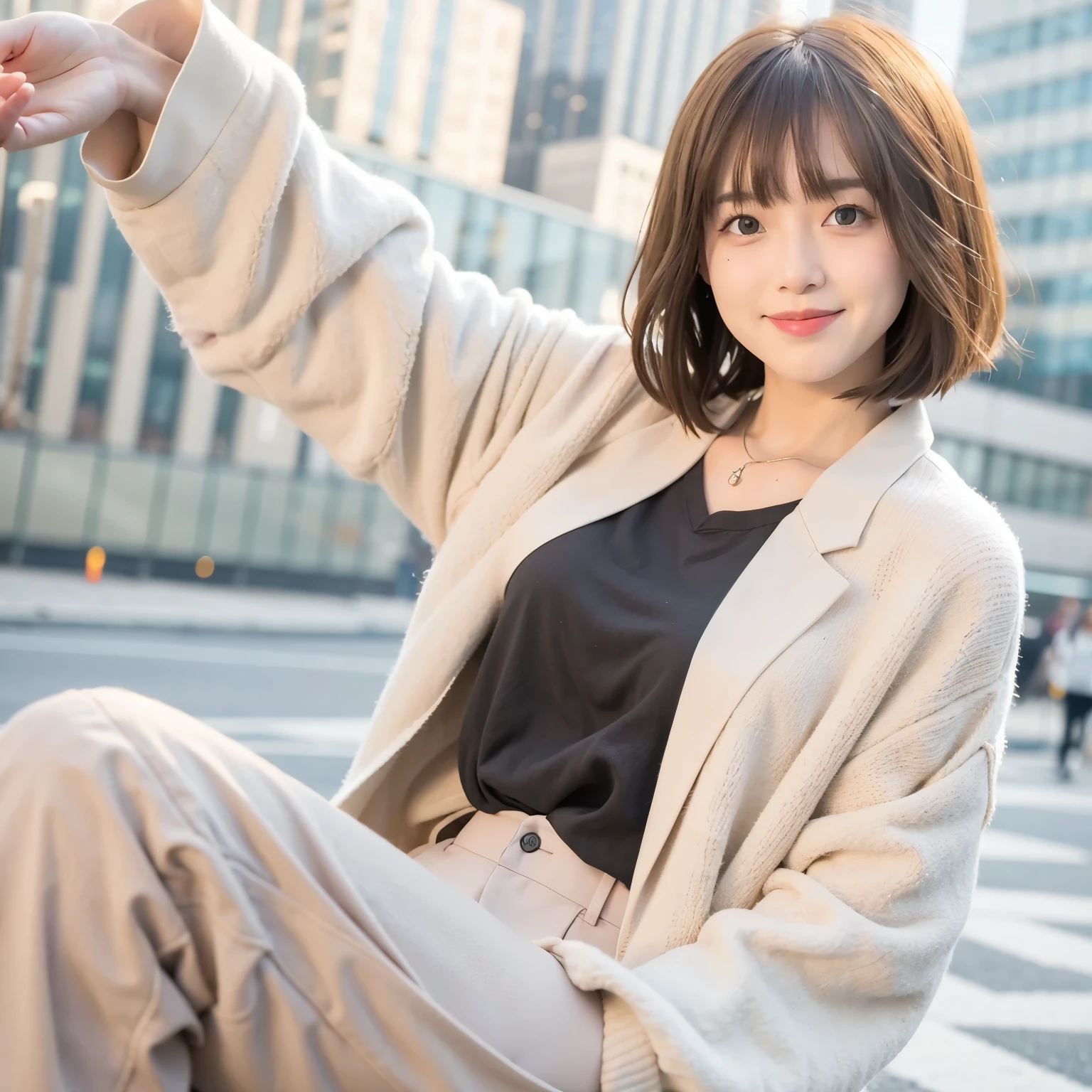 Mix 4,(best quality), (lifelike),(simply white background:1.2), 1 girl, Upper body, High detail face, Smile,[ash blonde | ginger pubic hair | brown gray hair], 富士XT3, Beige、camel、High-waisted pants in a neutral color like silver or blue, Pair with a silk shirt and structured blazer, Create a sophisticated and powerful look,(8k), Bangs, short hair