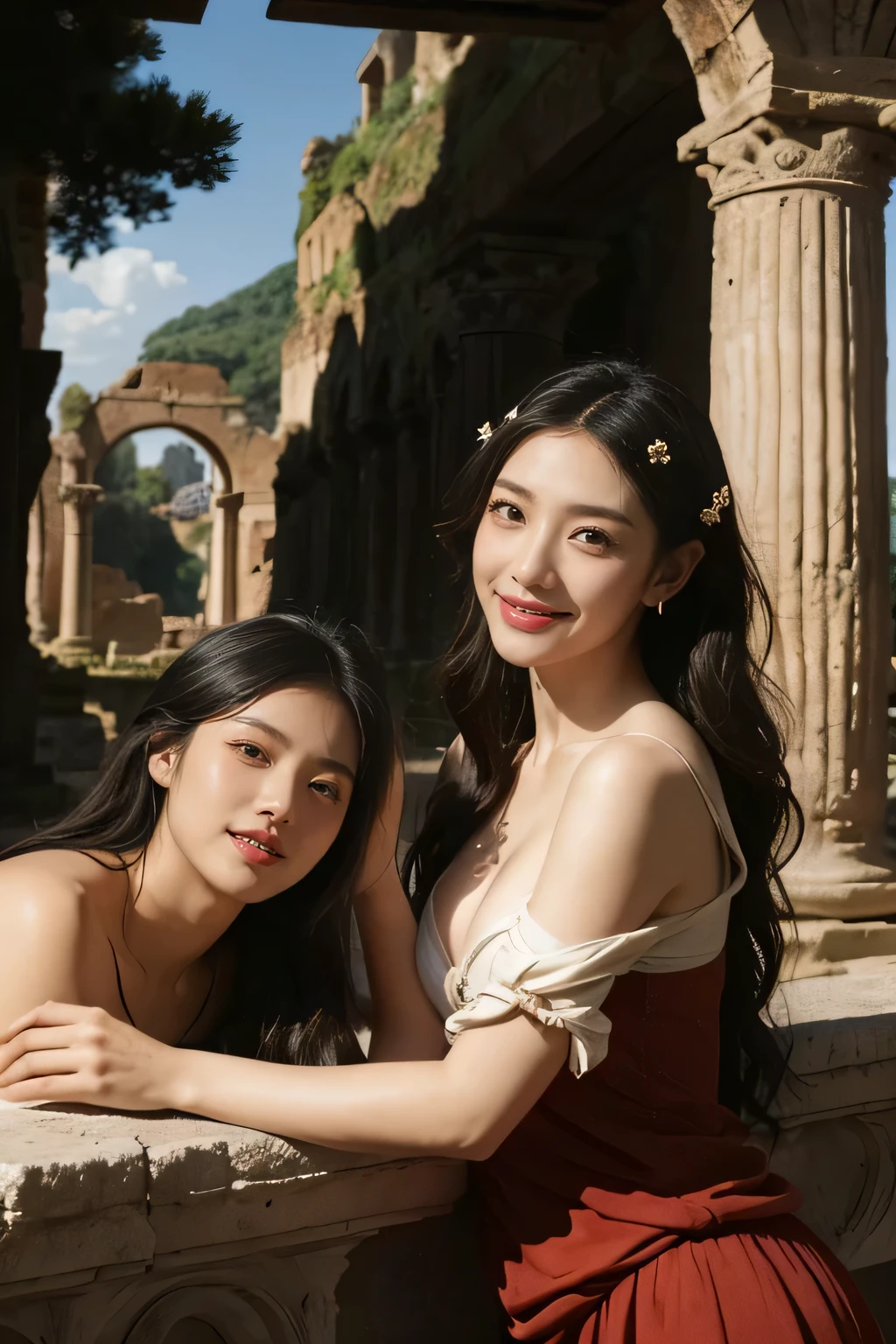 Ancient Roman ruins,landscape in the style of Poussin,A smile,,Sweet and seductive appearance.、Caravaggio's paintings、Chiaroscuro of Caravaggio、Hair disheveled in the wind,Two women frolicking,Cute smile, Expression of ecstasy,A sexy,erotick