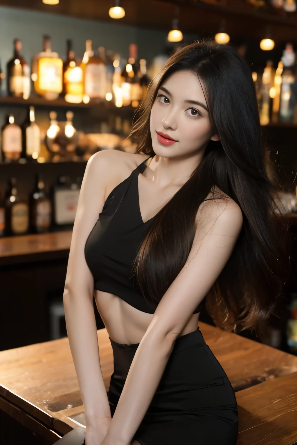 Beautiful girl wearing a black halter top. Sitting lonely in a bar, Sexy outfit, long wavy hair. brown eyes. sexy body. Thin waist. curved hips,Looking at the beer mug