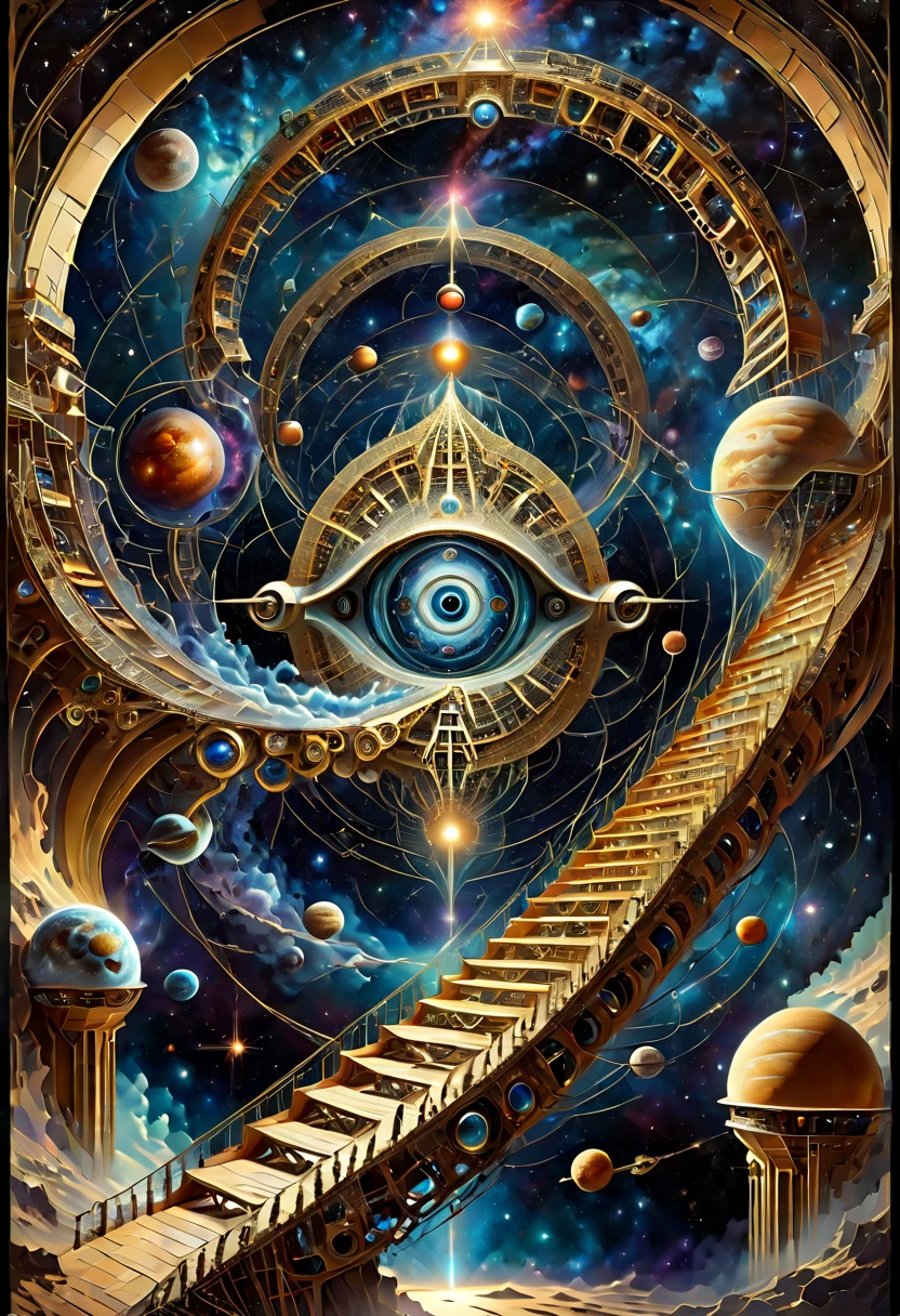 ((escher illusion art style:1.8)),(eyes,space,universe,galaxy,celestial ladder,technology,machinery,chains),composition should be intricate and complex,featuring geometric shapes and patterns to connect these elements in a way that creates strong visual illusions,with the eye as a central element,surrounded by a depiction of universes and galaxies,and advanced technology and machinery elements weaved in,the celestial ladder could be made of chains or mechanical parts,and should connect different parts of the image together,defying gravity and perspective,the overall design should be mesmerizing,creating a sense of disorientation and bewilderment to the viewer,(strong sense of visual illusion)