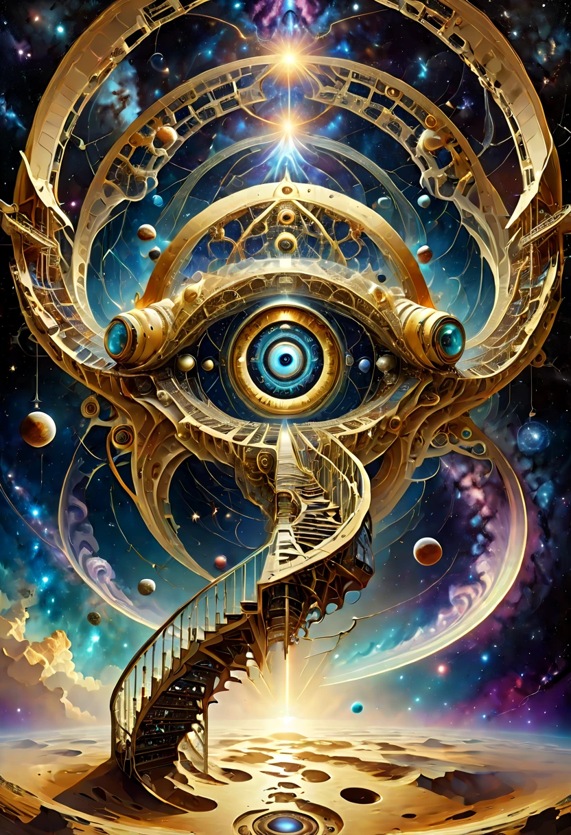 ((escher illusion art style:1.8)),(eyes,space,universe,galaxy,celestial ladder,technology,machinery,chains),composition should be intricate and complex,featuring geometric shapes and patterns to connect these elements in a way that creates strong visual illusions,with the eye as a central element,surrounded by a depiction of universes and galaxies,and advanced technology and machinery elements weaved in,the celestial ladder could be made of chains or mechanical parts,and should connect different parts of the image together,defying gravity and perspective,the overall design should be mesmerizing,creating a sense of disorientation and bewilderment to the viewer,(strong sense of visual illusion)