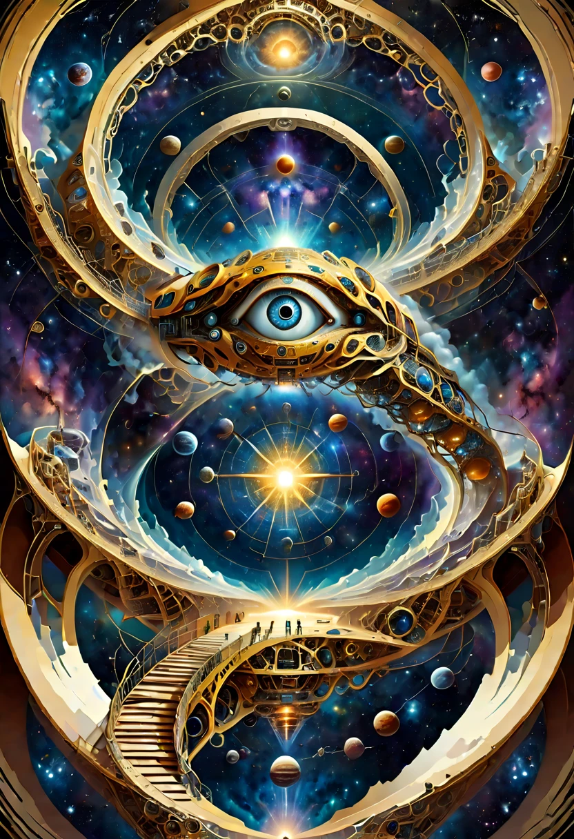 ((escher illusion art style:1.8)),(eyes,space,universe,galaxy,celestial ladder,technology,machinery,chains),composition should be intricate and complex,featuring geometric shapes and patterns to connect these elements in a way that creates strong visual illusions,with the eye as a central element,surrounded by a depiction of universes and galaxies,and advanced technology and machinery elements weaved in,the celestial ladder could be made of chains or mechanical parts,and should connect different parts of the image together,defying gravity and perspective,the overall design should be mesmerizing,creating a sense of disorientation and bewilderment to the viewer,(strong sense of visual illusion)