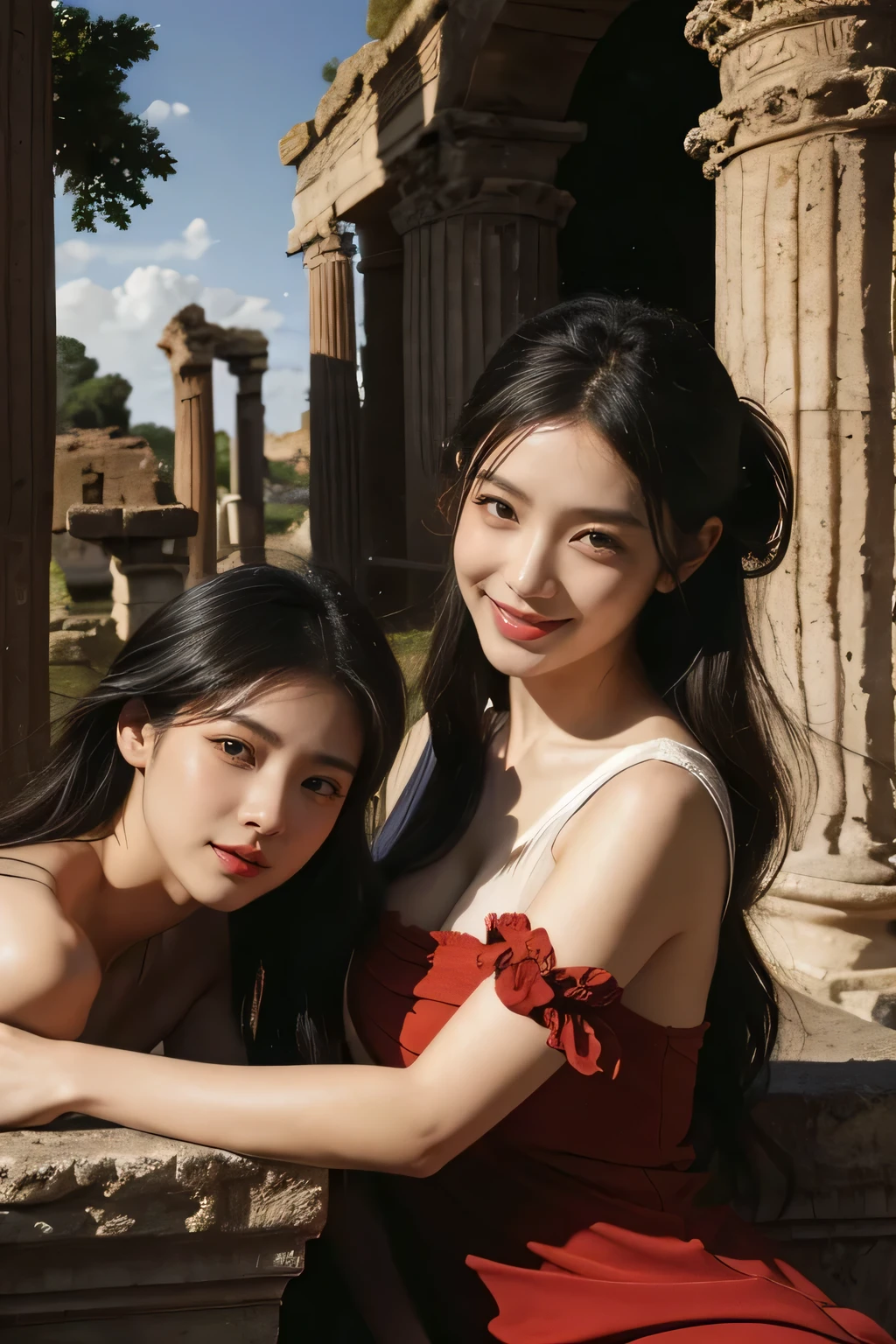 Ancient Roman ruins,landscape in the style of Poussin,A smile,,Sweet and seductive appearance.、Caravaggio's paintings、Chiaroscuro of Caravaggio、Hair disheveled in the wind,Two women frolicking,Cute smile, Expression of ,A sexy,erck