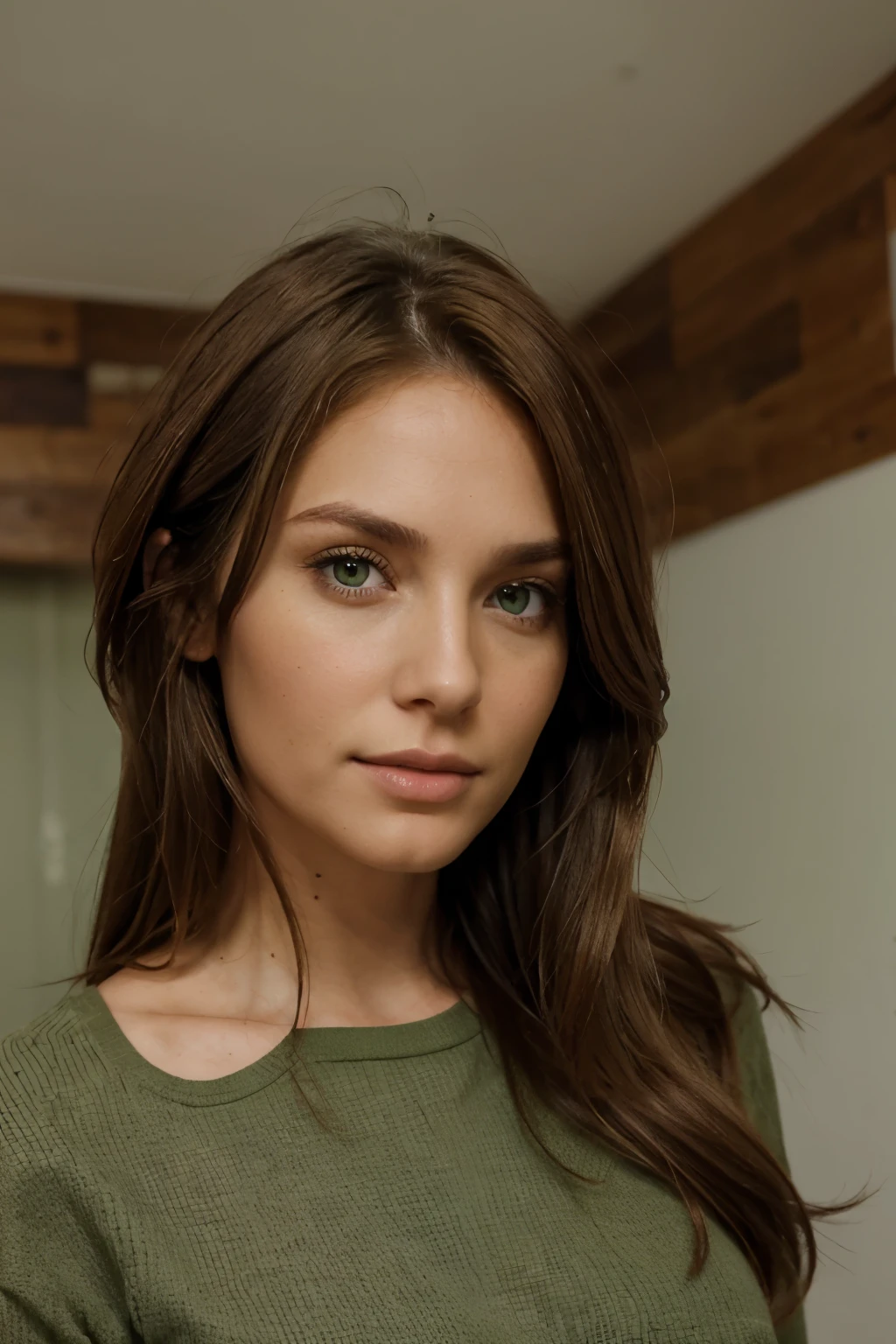 35 years old light brown hair, front view, green eyes, top model, mid-length hair, face