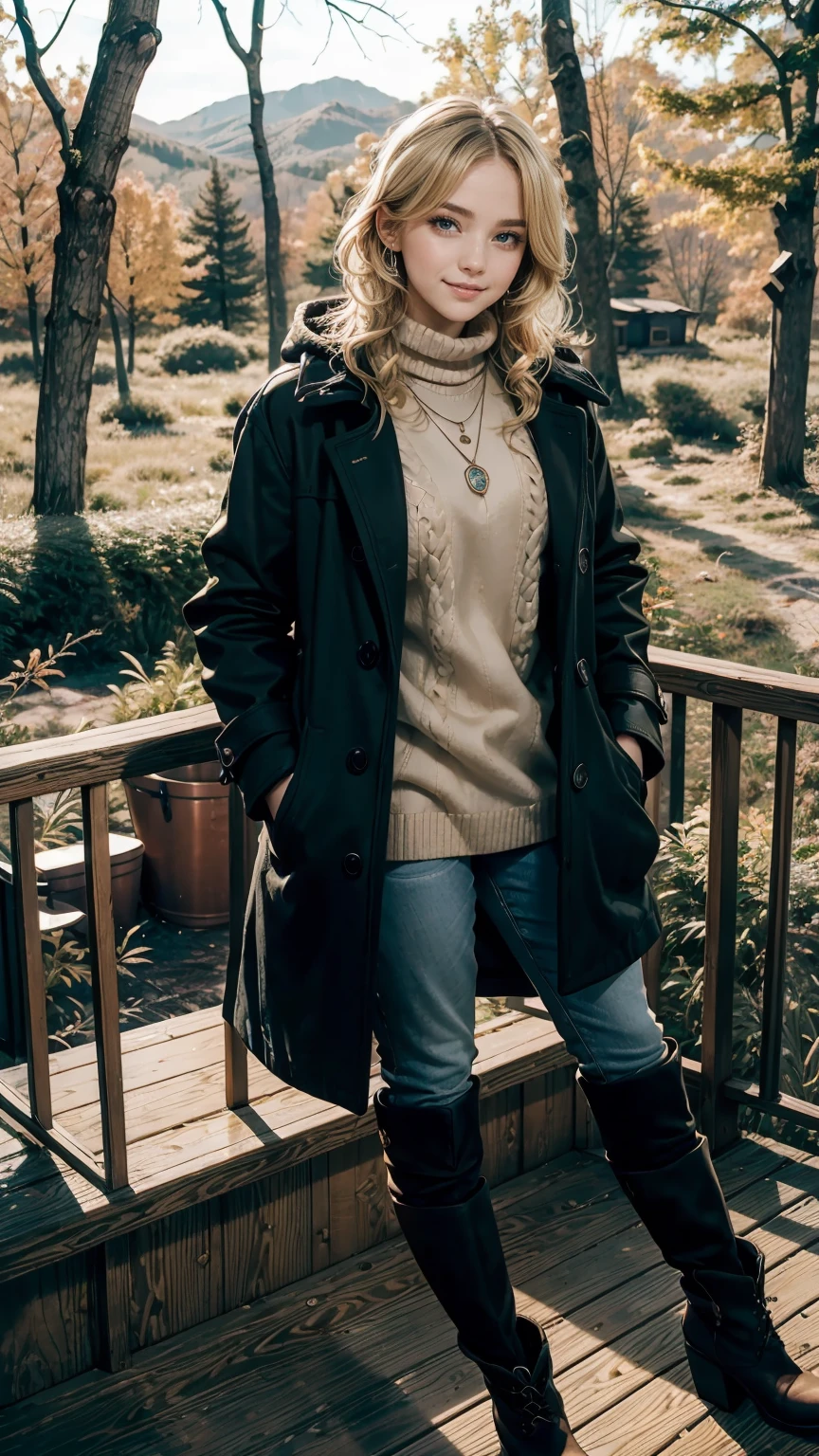 25-year-old Caucasian woman、Blonde gradient color、Eye color is blue、medium long hair、hair is wavy、wearing accessories on the wrist、Wearing a necklace、high resolution、Fine skin、smile、wearing a high neck sweater、Wearing a duffel coat、I'm wearing warm pants、I'm wearing warm boots、I'm on the terrace of a cottage in a snowy forest.、I'm wearing mitten gloves、I'm wearing a muffler