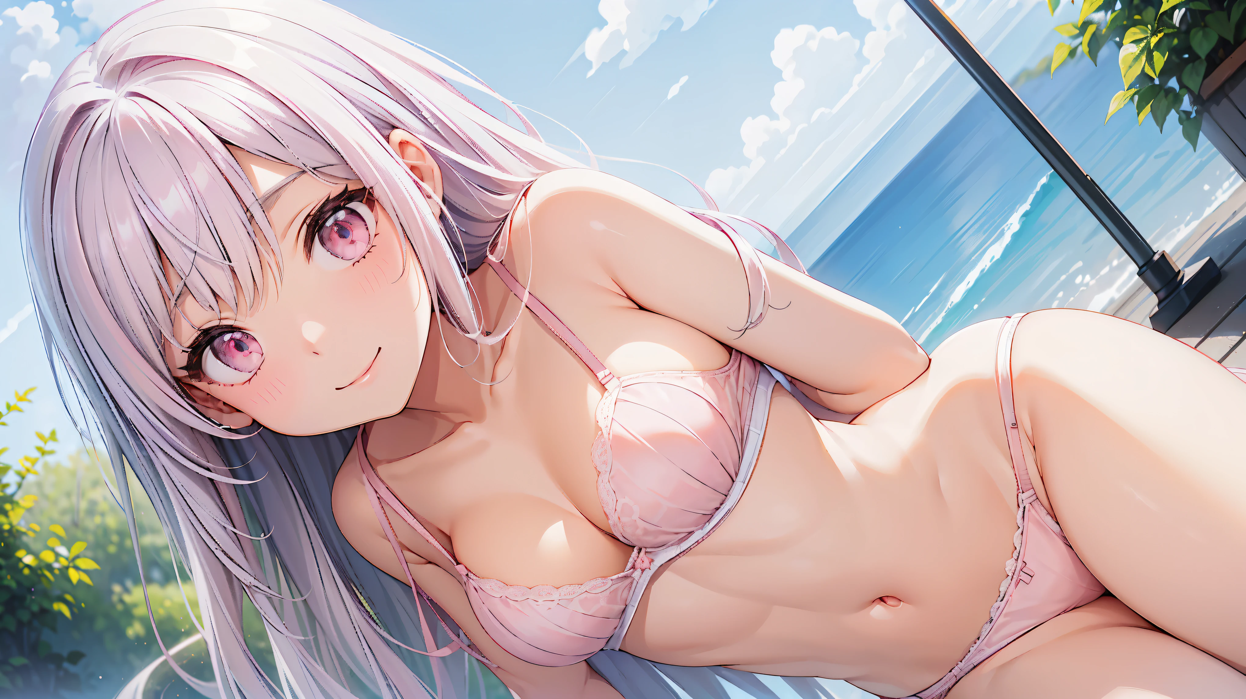 pieces fly、highest quality、High resolution、nffsw、perfect pixel、1 girl、cute、beautiful eyelashes, realistic eyes、smile、((white and pink satin bra))、((white and pink satin panties))、wearing only underwear、smooth texture:0.75、outdoor blue sky、I can see your pants、Bra visible、Overall bright、black hair