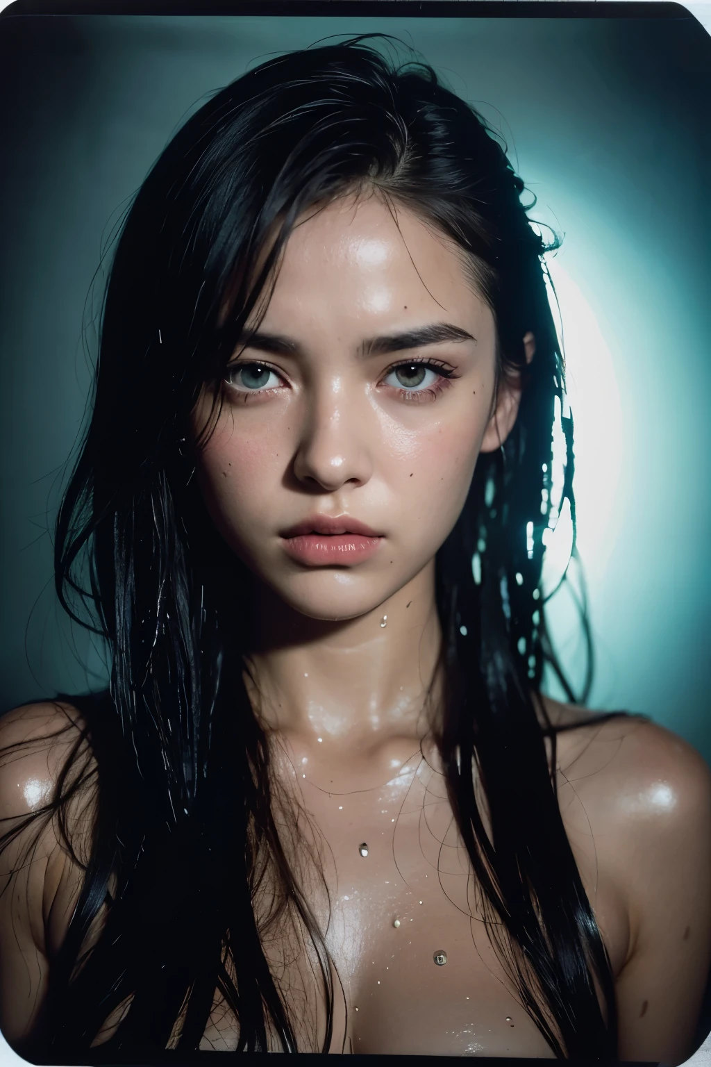 best quality, masterpiece, ultra high resolution, (lifelike:1.4), original photo, 1 girl,
wet hair, wet, water drops on skin, Director Sean MacMillan, Neon pop art style, Photos taken with ektachrome, distorted portrait, surreal sculpture, gothic dark and moody tones, softbox lighting, instax film cries