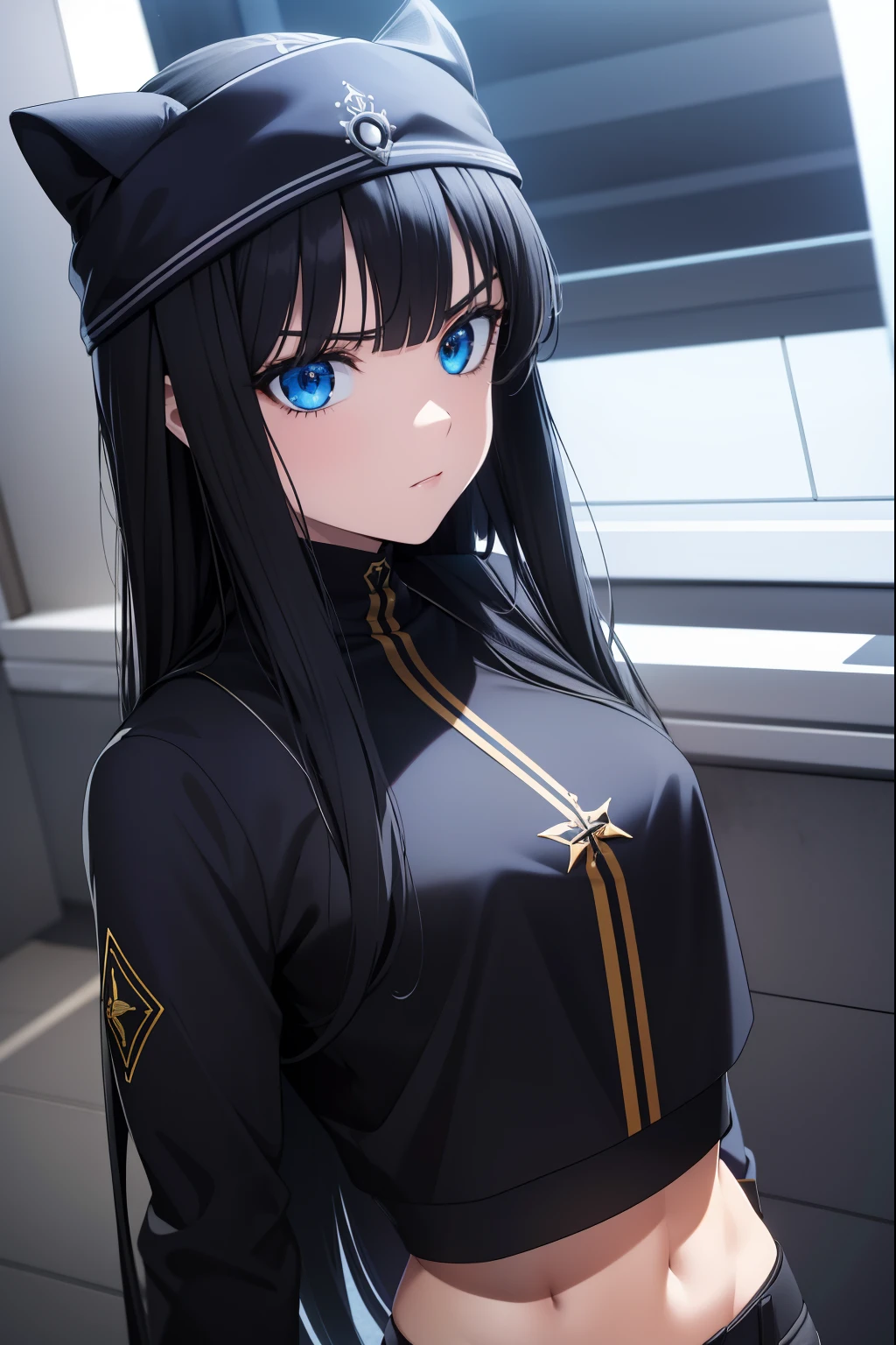 CIDADE, melhor qualidade, high resolution, Rosto extremamente detalhado, perfect lighting, CG extremamente detalhado, Anatomia perfeita, anime, 2d, cabelo preto curto, mulher jovem, serious expression, olhos azul, mascara preta de gato, com luzes brilhantes roxas em sua roupa especial, pele lisa, com capacete especial do pantera negra, roupa colada