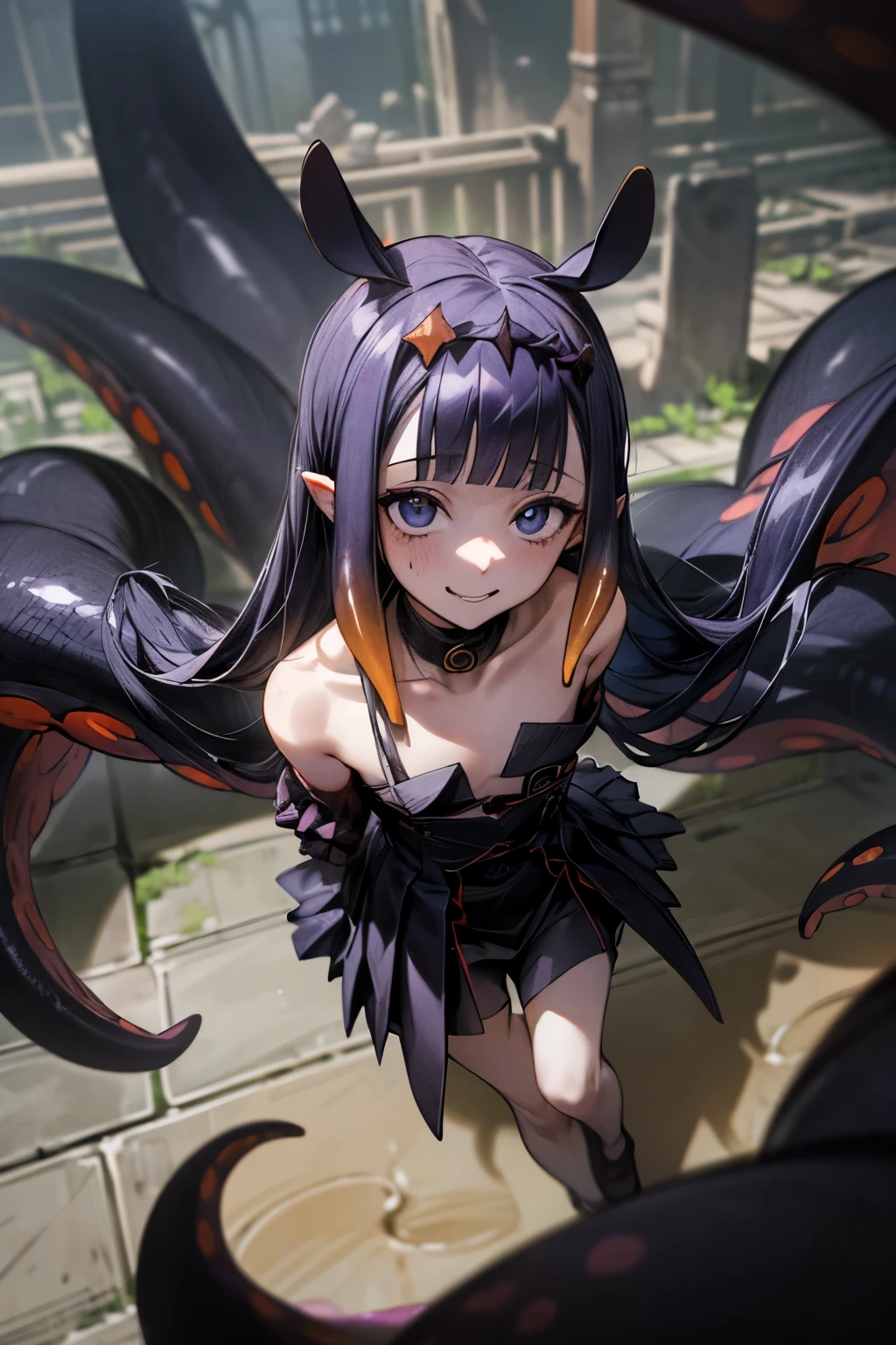 ((Ninomae Ina'nis)), ((masterpiece)), wide shot, (Professional Photography:1.2), ((from above)), summer sky, (beautiful ruins), darkness on background, ((strapless)), detail of eyes, very crazy smile, Textured skin, silky long hair, ((scary pose)), slender, flat chest, stand on the ground, (exposed beautiful shoulder), ruins cityscape, tentacles, bloody arms