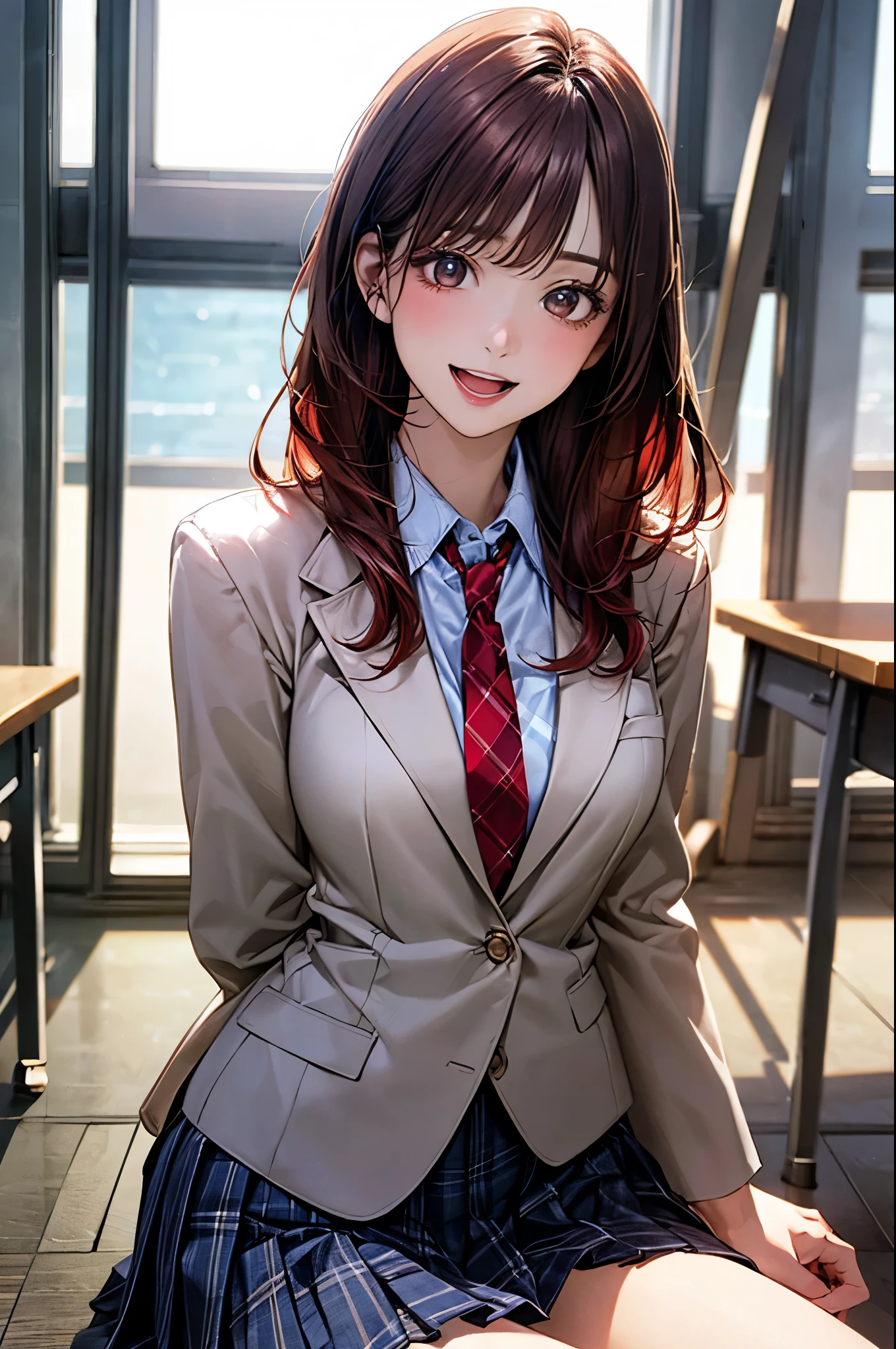 (masterpiece:1.2, top-quality), (realistic, photorealistic:1.4), beautiful illustration, (natural side lighting, movie lighting), 
looking at viewer, cowboy shot, front view, 1 girl, japanese, high school girl, perfect face, cute and symmetrical face, shiny skin, 
(middle hair:1.2, two side up:1.2, brown hair), gold eyes, (large breasts:0.6, seductive thighs), 
beautiful hair, beautiful face, beautiful detailed eyes, beautiful clavicle, beautiful body, beautiful chest, beautiful thigh, beautiful legs, beautiful fingers, 
(((navy blazer, close blazer), white blouse shirt, light blue plaid pleated skirt, red ribbon tie), red hair ribbon), 
(beautiful scenery), evening, classroom, sitting, (lovely smile, upper eyes, open mouth), 