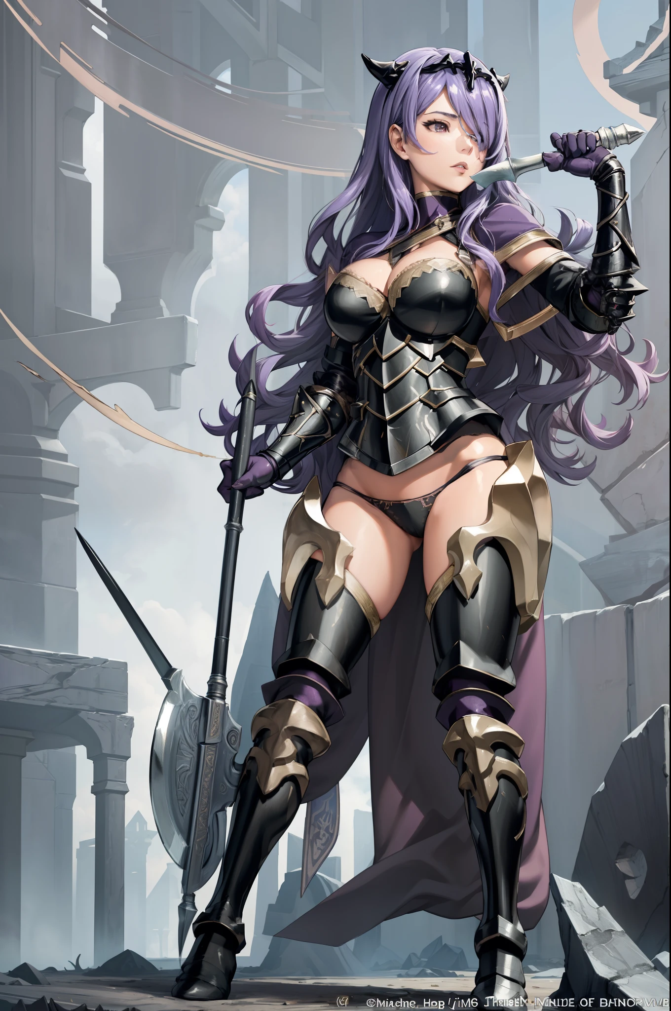 masterpiece, best quality, defCamilla, tiara, armor, gloves, gauntlets, black panties, thigh boots, looking at viewer, holding axe,
holding grip of axe, holding weapon, battle axe, holding long grip of axe, fighting stance