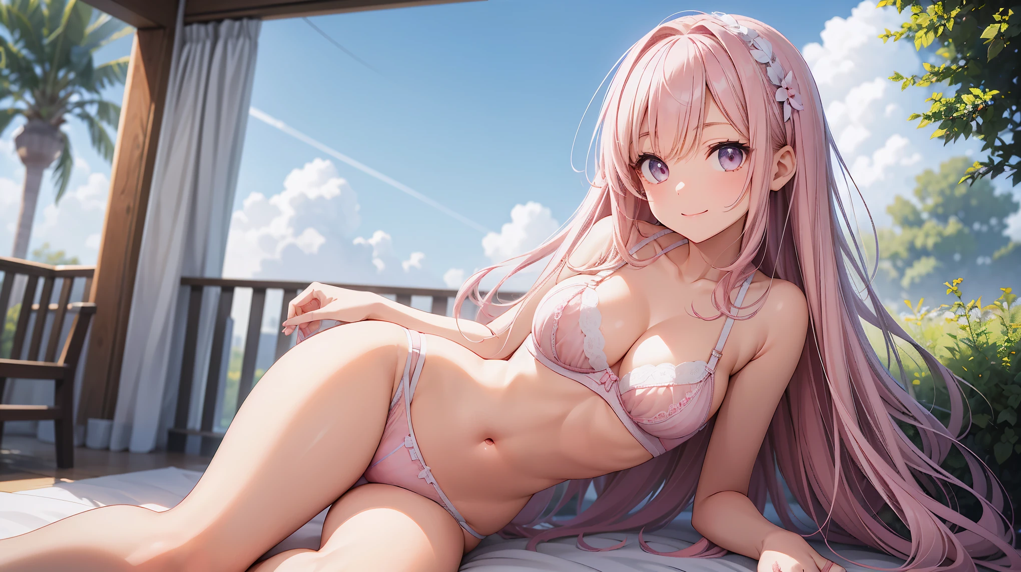 muste piece、highest quality、High resolution、nffsw、perfect pixel、1 girl、cute、beautiful eyelashes, realistic eyes、smile、((white and pink satin bra))、((white and pink satin panties))、Wearing only underwear、Smooth texture:0.75、blue sky outdoors、I can see your panties、Bra visible、Overall bright