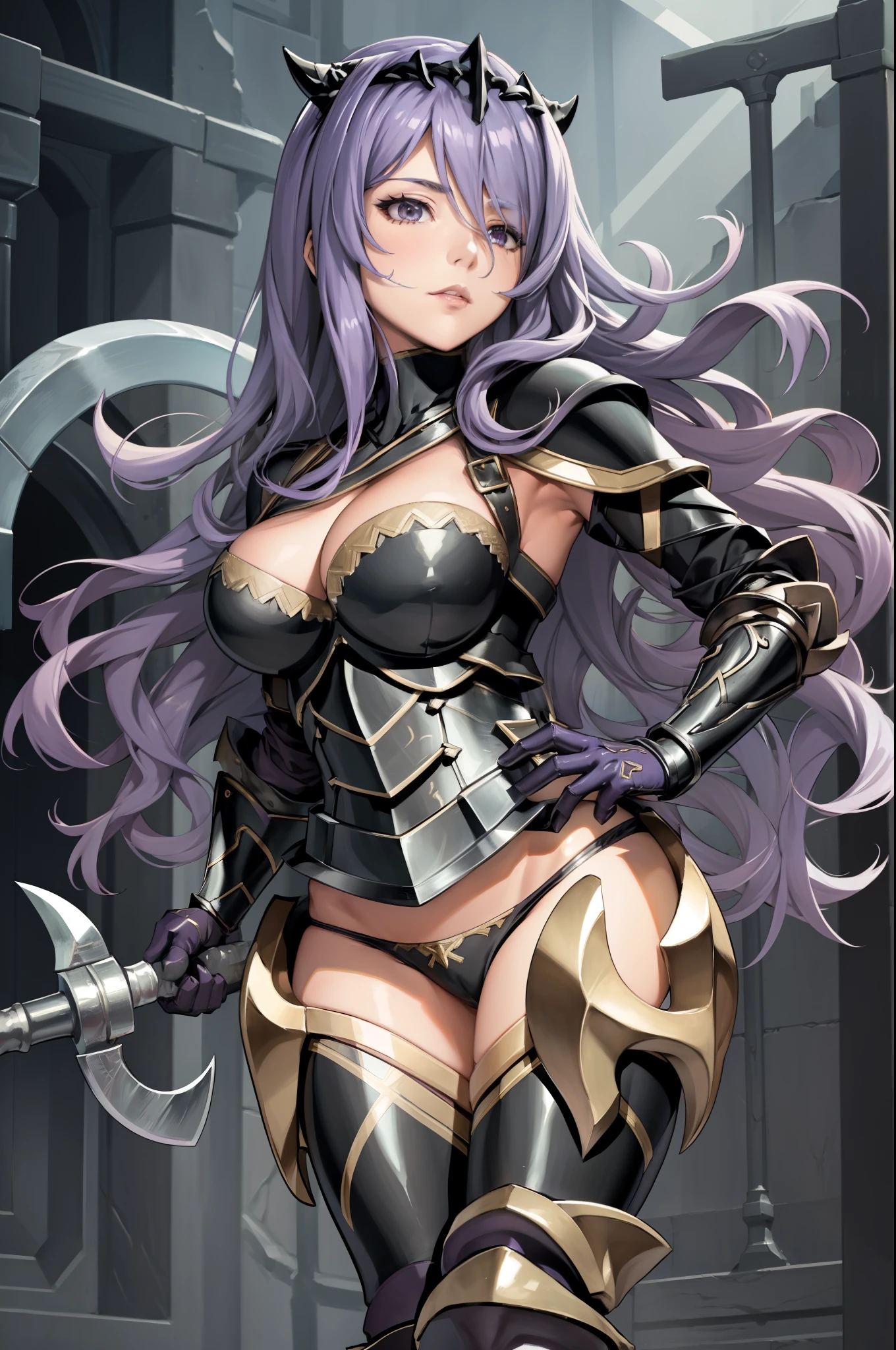 masterpiece, best quality, defCamilla, tiara, armor, gloves, gauntlets, black panties, thigh boots, looking at viewer, holding axe,
holding grip of axe, holding weapon, battle axe, holding long grip of axe, fighting stance