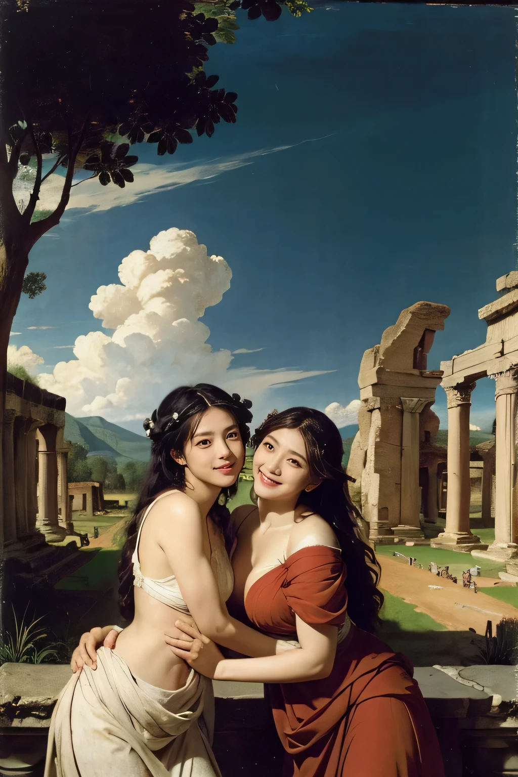 Ancient Roman ruins,landscape in the style of Poussin,A smile,,Sweet and seductive appearance.、Caravaggio's paintings、Chiaroscuro of Caravaggio、Hair disheveled in the wind,Two women frolicking,Cute smile, Expression of ecstasy,A sexy,erotick