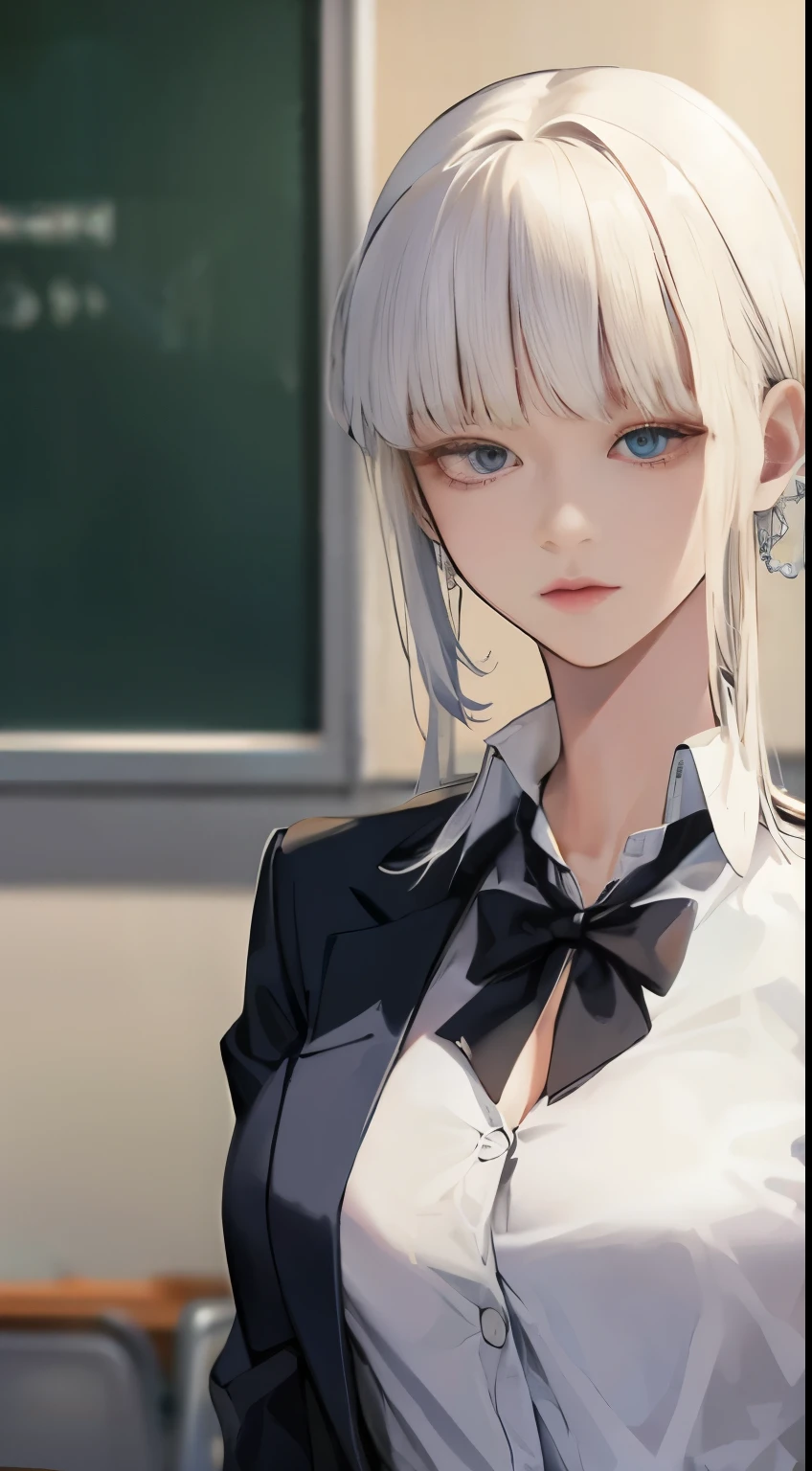 Tall beautiful woman with white hair at school