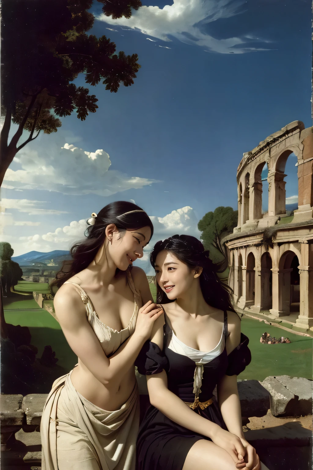 Ancient Roman ruins,landscape in the style of Poussin,A smile,,Sweet and seductive appearance.、Caravaggio's paintings、Chiaroscuro of Caravaggio、Hair disheveled in the wind,Two women frolicking,Cute smile, Expression of ecstasy,A sexy,erotick