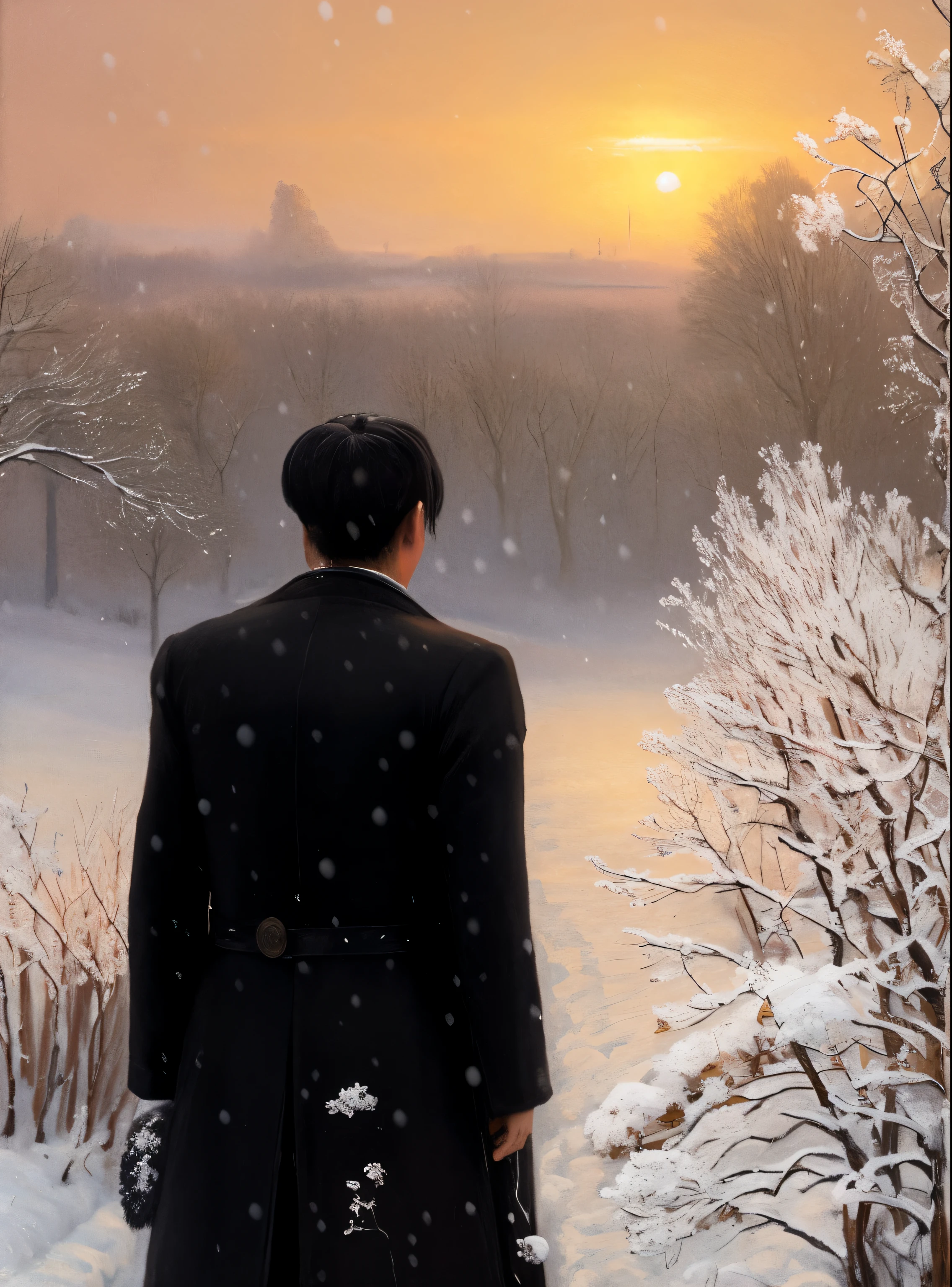 painting of a man in a black coat standing in a field, inspired by Arthur Burdett Frost, with his back to the viewer, inspired by Yeong-Hao Han, oil on canvas. cinematic, snowing outside, in the snow, snowing, in the middle of a snow storm, inspired by Ivan Kramskoi, in the winter