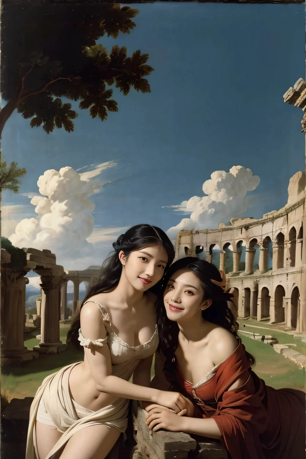 Ancient Roman ruins,landscape in the style of Poussin,A smile,,Sweet and seductive appearance.、Caravaggio's paintings、Chiaroscuro of Caravaggio、Hair disheveled in the wind,Two women frolicking,Cute smile, Expression of ecstasy,A sexy,erotick