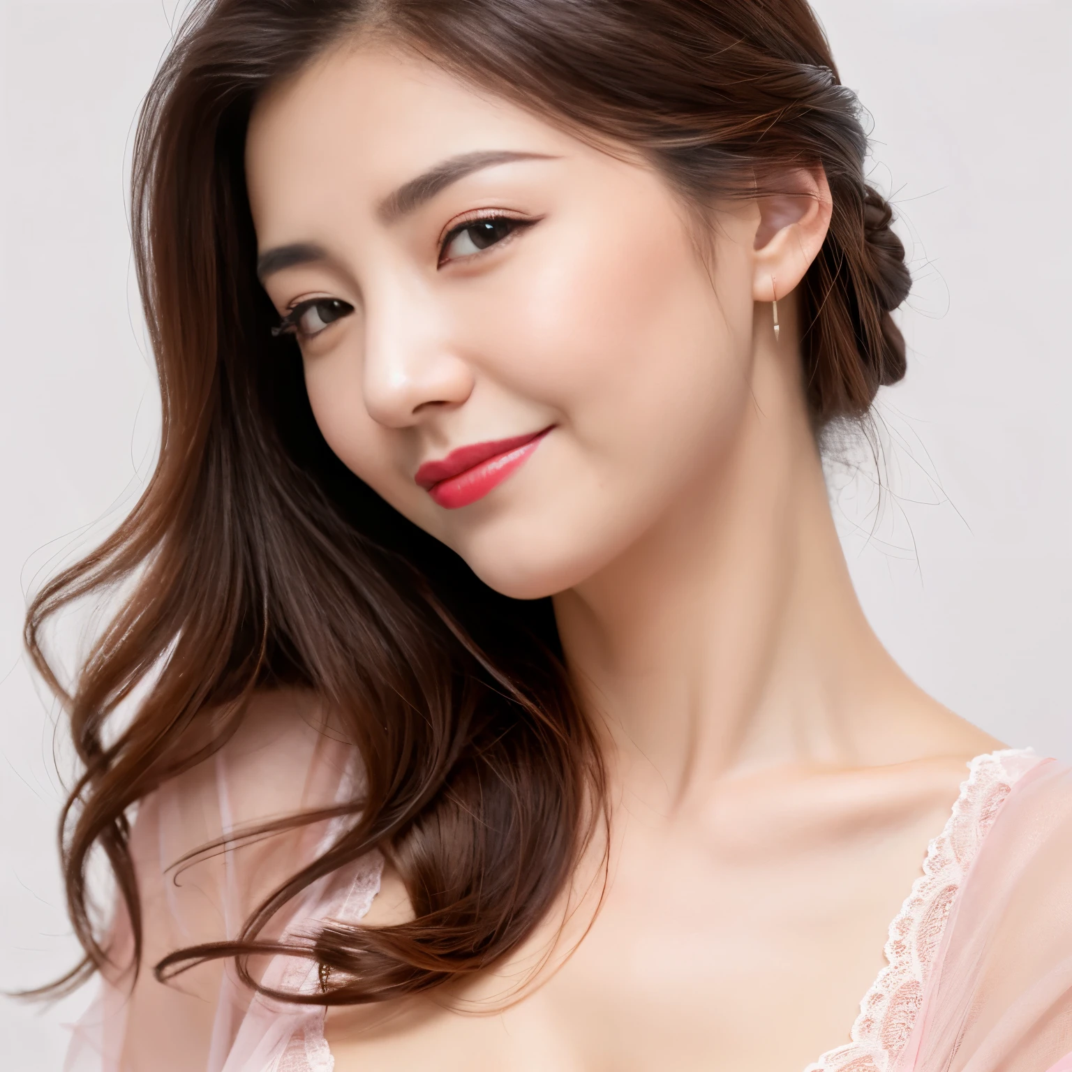 ((highest quality、8K resolution、master masterpiece、professional photography)), Photoreal, (50 year old beautiful mature woman with idol face:1.3), (Wrinkled face:1.2)、(Elegant white and pink lace clothes:1.1)、(solid white background:1.1)、(advertising image:1.1)、wrinkles around the eyes,standing elegantly、(Plump and soft body、clavicle)、The most elegant and beautiful long wavy hair、(a sad smile looking at me:1.2)、large breasts of beautiful shape、soft cleavage、perfect makeupアップ,Dark red lipstick,perfect makeup,eye shadow、long eyelashes、(Fair skin with super high detail)、premonition of love