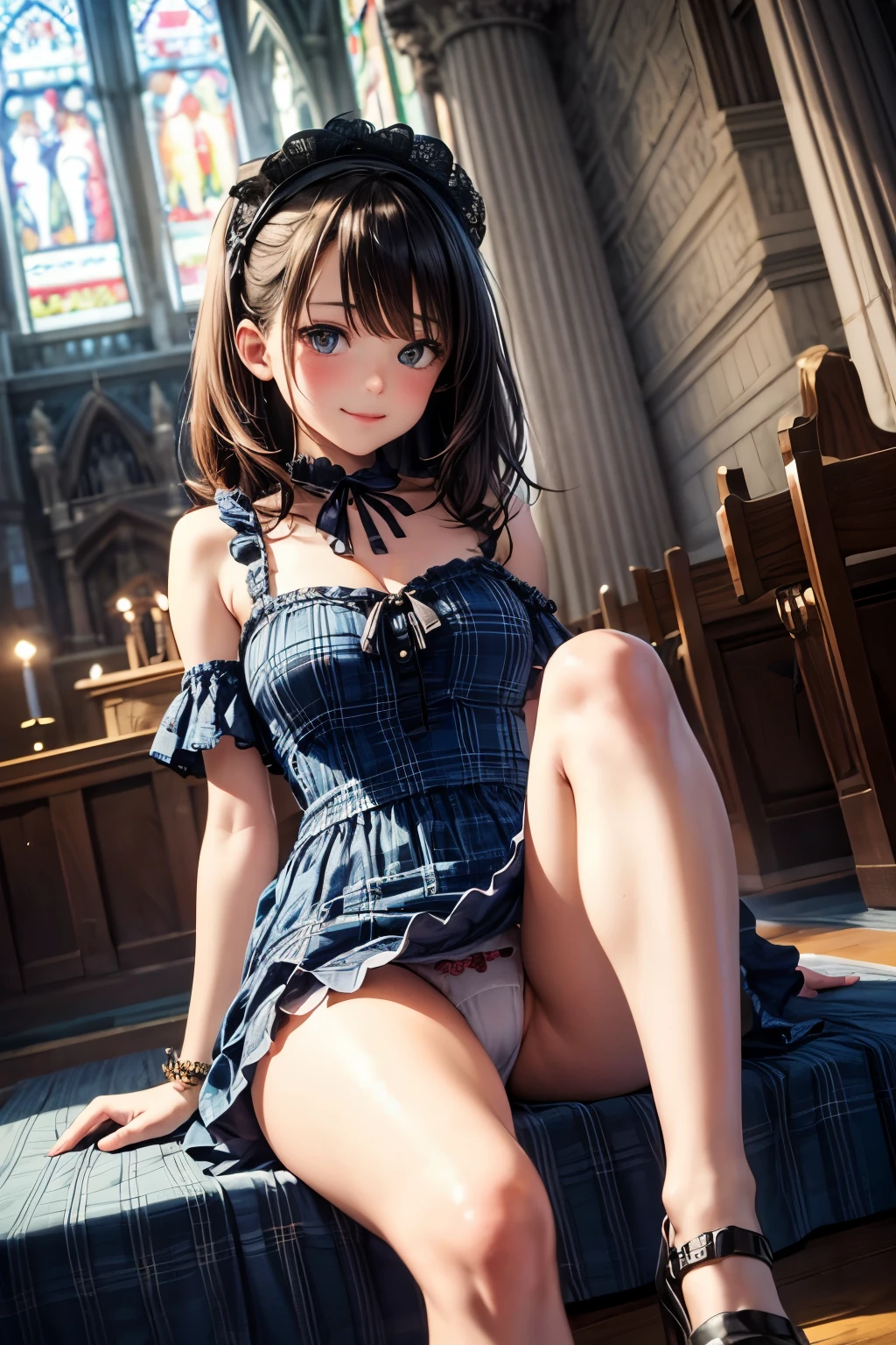 very cute and beautiful girl,(highly detailed beautiful face and eyes:1.2), (smile),blush,black hair,looking at viewer,blue plaid pattern ta dress with detailed frills,detailed lace, sitting,spread legs,arms behind back,white panties, altar,church,indoors,detailed background, (best quality,masterpiece:1.2),intricate details,extremely detailed,high resolution, solo,cinematic lighting,dynamic angle,
