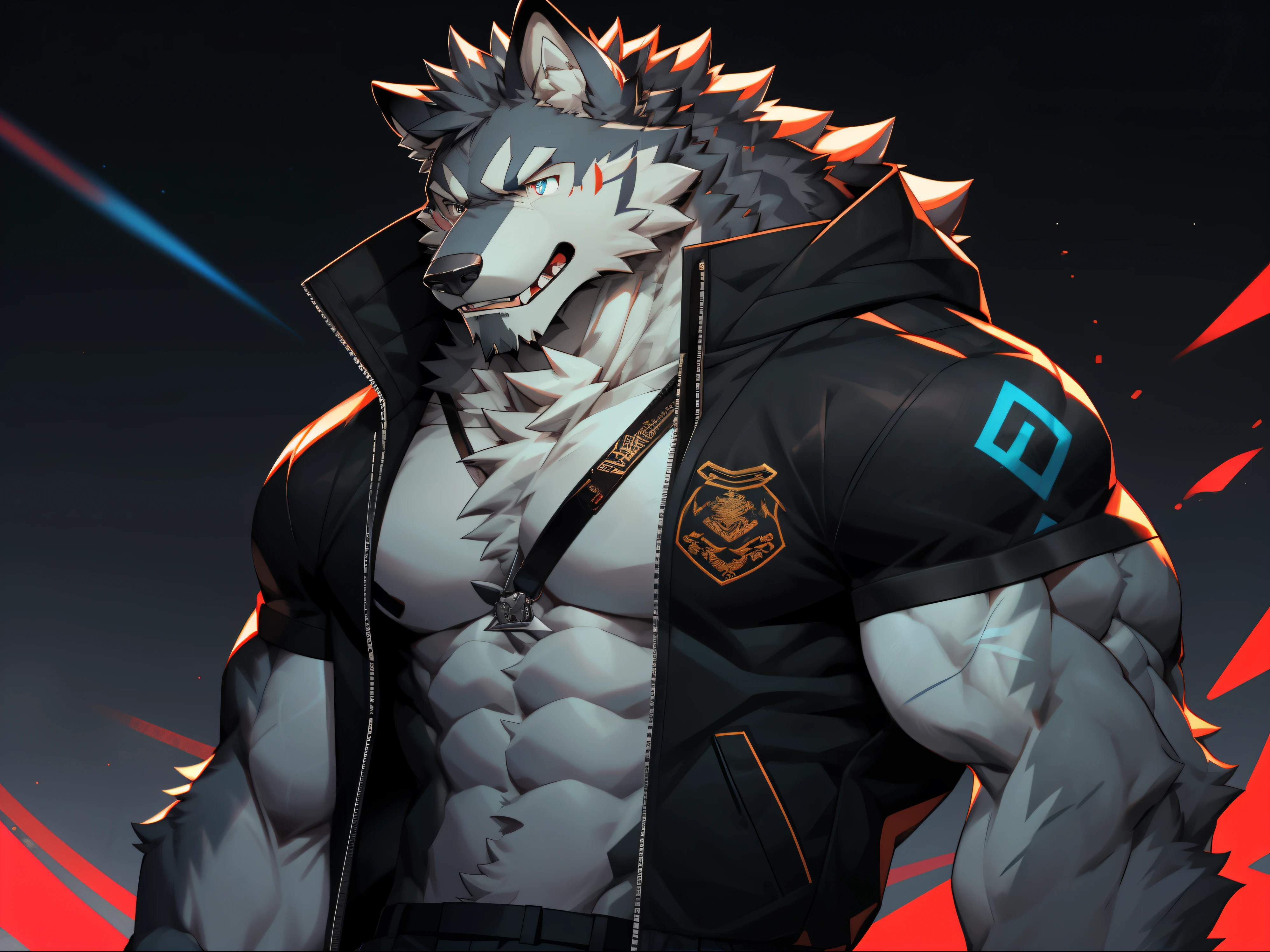 毛茸茸of，dark grey wolf，独自of，细致of眼睛，super detailed，细腻of毛皮纹理，CG，jacket，blue pupils，荧光of瞳孔，in the shadows，星空般of眼睛，巨大ofpecs，There are red lines on the body，简单of背景， of，狂妄of，of