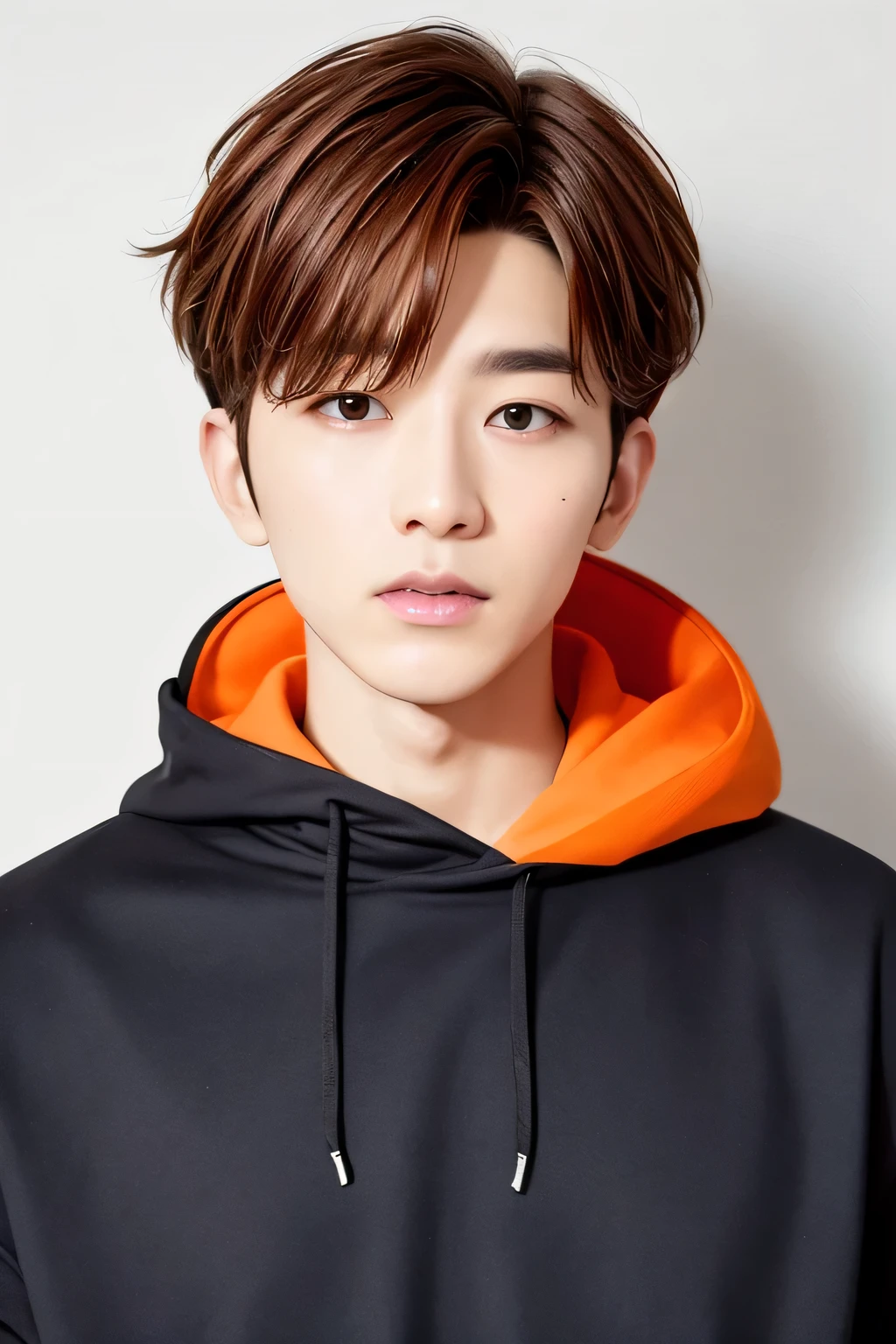 1 person、high quality，masterpiece，8K, head shot,、Orange hoodie、、、、、(messy hairstyle)、、、、、