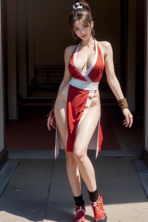 mai shiranui, Brown eyes, (Full body portrait:1.4), Full body, (skinny), Prestige, Long hair, Brown hair, White ribbon, Sleeveless, poneyTail, sash, pelvis curtain, arm guards, mitts, (tabi:1.4), fascinated expression, Sexy eyes, medium breasts, Smile, Cute, view the viewer, Long hair, Close to Japan temple, (breasts focus:1.2), (Realistic:1.2), (Full Shot: 1.2), (Realism), (masutepiece:1.2), (Best Quality), (ultra-detailliert), (8K, 4K, Convoluted), (85 mm), light Particle, Lighting, (Highly detailed:1.2), (Detailed face:1.2), (gradients), SFV, Colorful, (Detailed eyes:1.2), (Detailed temples of Japan: 1.2),(Detailed background), (Dynamic Angle:1.2), (Dynamic Pose:1.2), (Line of action:1.2), Wide Shot, Daylight, Solo.