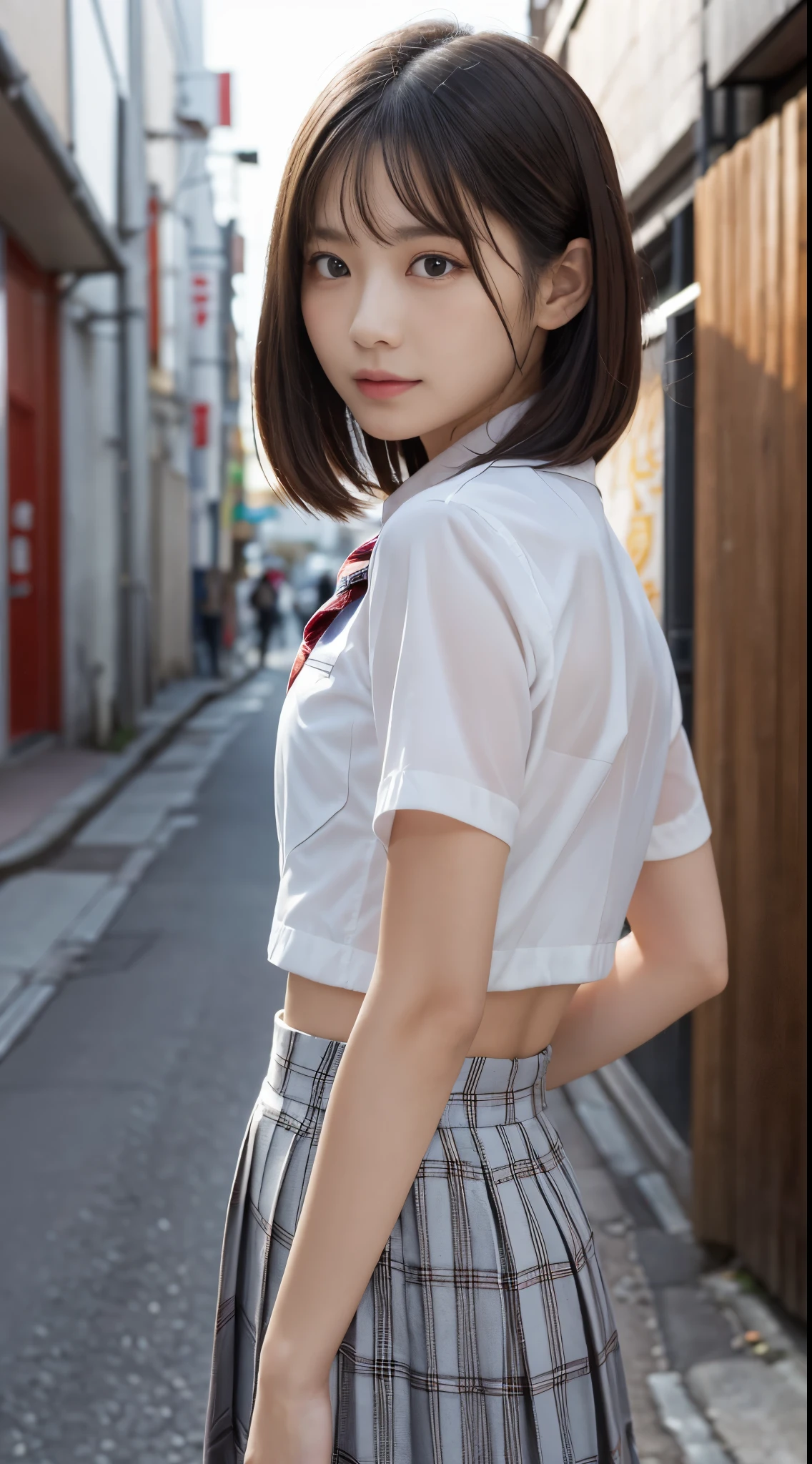 masterpiece、8K、Ultra high quality、perfect anatomy、Raw photo、High resolution、fine details、professional lighting、Glossy skin、detailed human body、detailed eyes、detailed face、(short hair:1.4)、(black hair)、detailed hair、tiny、natural makeup、young face、embarrassed expression、(japanese :1.4)、(flat chest:1.4)、(big ass)、((Narrow back alley at night))