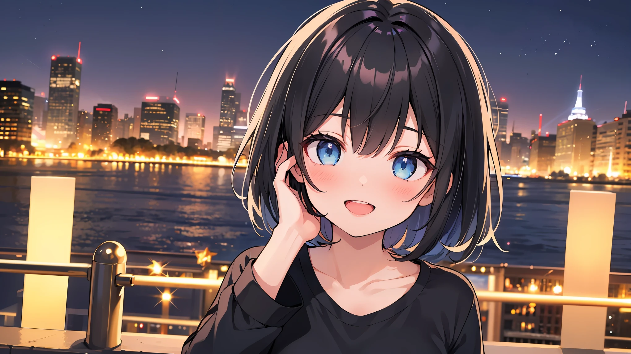 Anime girl with blue eyes and black hair standing in front of a city ...
