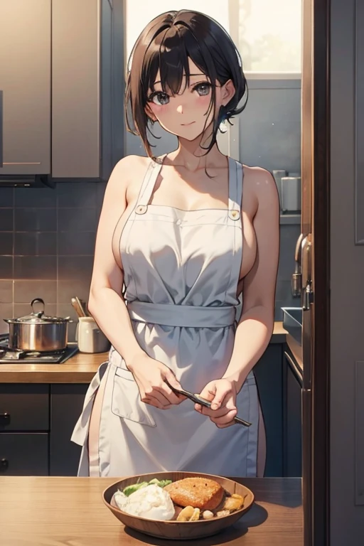 1girl in、AS-Adult、barechested、Cute naked、Wearing an apron、NAKED Apron、Upper body portrait、movement、