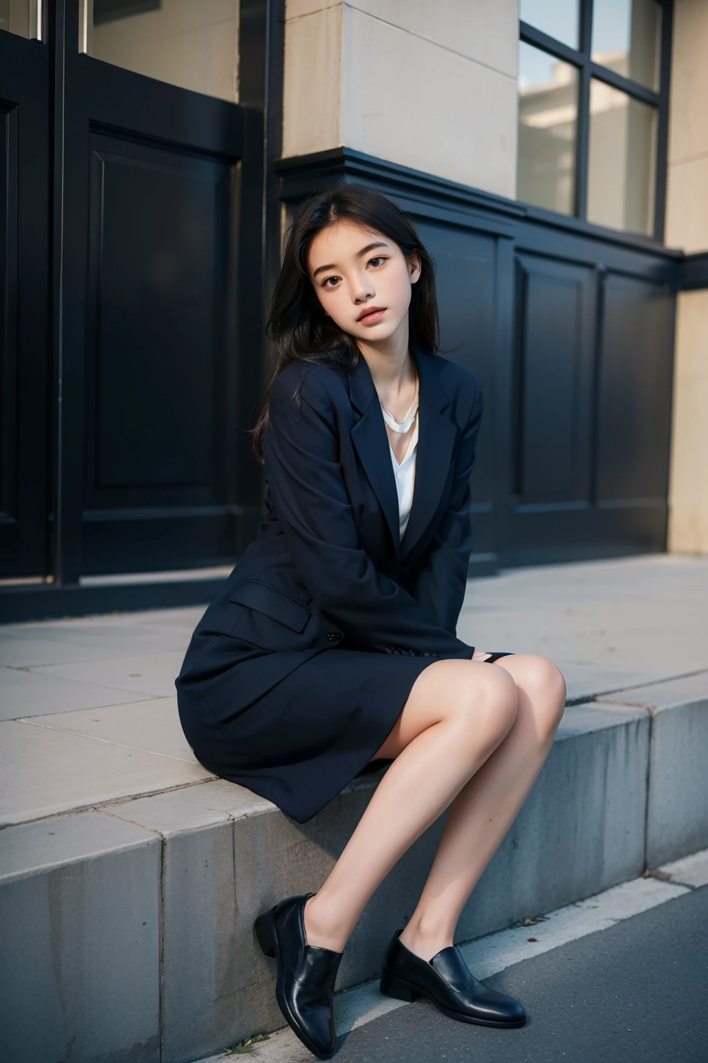 best quality, full body portrait, delicate face, pretty face, 16-year-old woman, slim figure, big bust, OL, office clothing, Navy blue, no shoes, exterior, sitting position