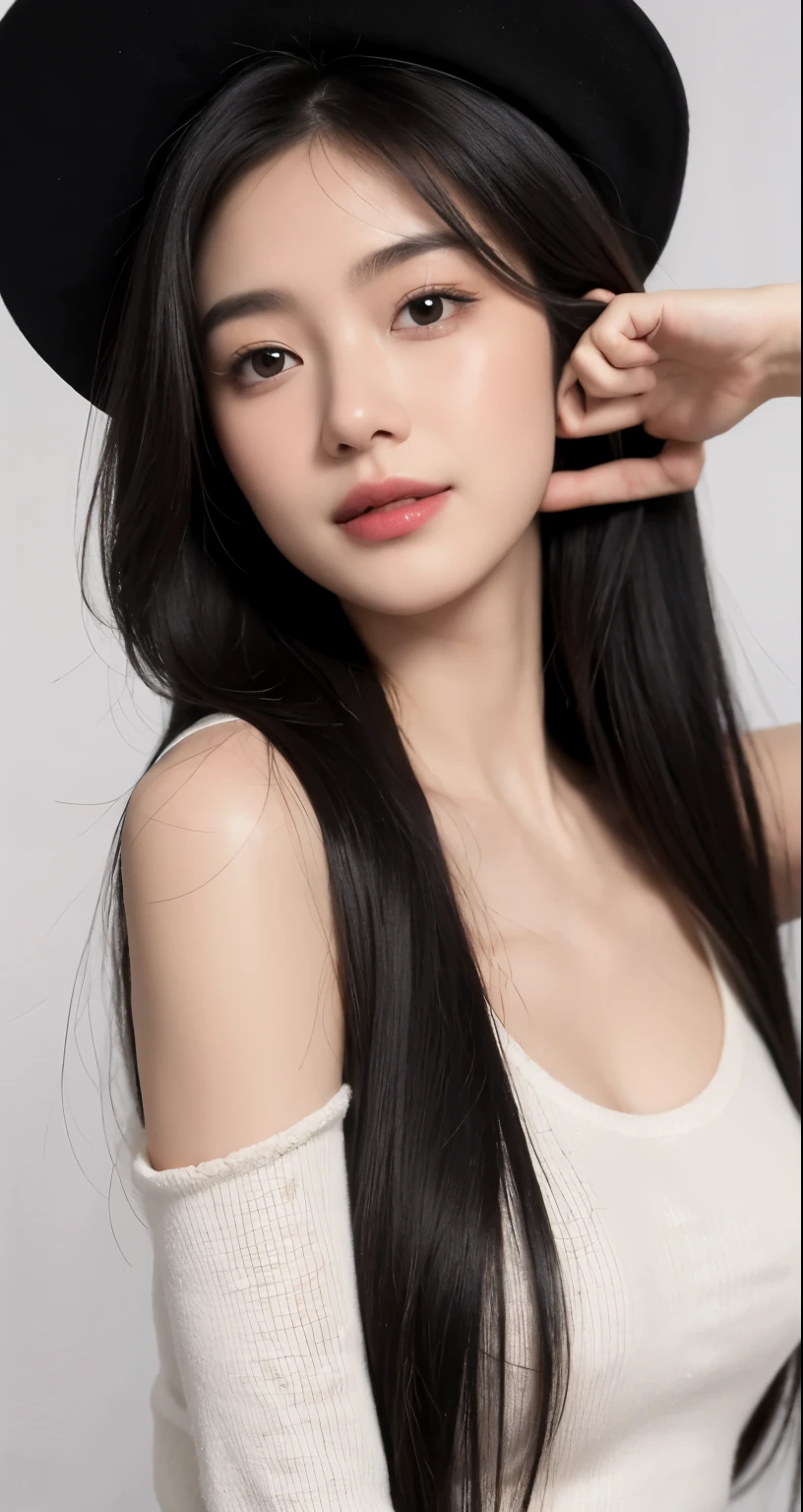 masterpiece,best quality,1 girl,White background,black hair,smooth hair,front,Emotional face,studio light,studio,side light,MakeupPortrait,medium breasts,White skin,shiny skin,Model,Smile,long hair,Hands touch your face,Guli,