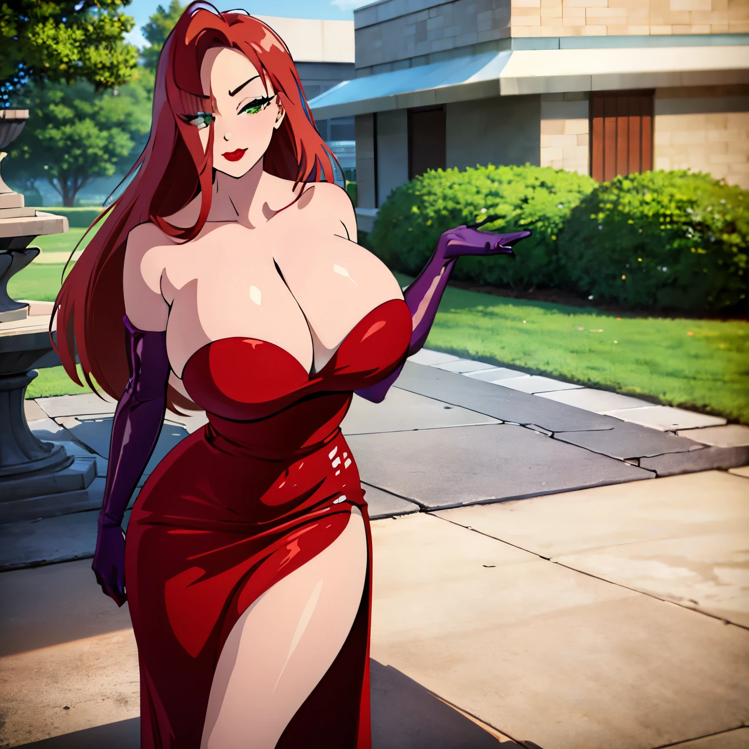 JessicaWaifu, Massive , elbow gloves, green eyes), Massive and Deep cleavage, red lips, (strapless dress) (red hair) (red dress), ((She has a mature figure, her cleavage is Massive and Deep)) b