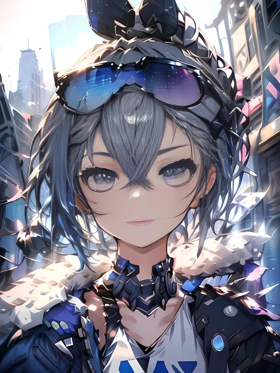 Exquisite masterpiece, best quality, illustration style, an anime girl with a curly ponytail, beautiful eyes, summer, white short-sleeved hem blown by the wind, jeans, blue-purple gradient goggles, small, heartwarming, youthful and beautiful, heroic and sassy, black and white matching, gray hair, showing a natural casual style. The dynamic posture contains the golden section, large aperture portrait, white space, strong contrast between light and shadow, super texture, super clear and concise picture, presenting extremely beautiful, elegant temperament, delicate facial expressions, city background, rainy days, road area water reflection
