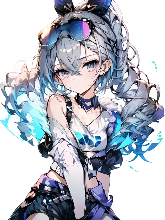 Exquisite masterpiece, best quality, illustration style, an anime girl with a curly ponytail, beautiful eyes, summer, white short-sleeved hem blown by the wind, jeans, blue-purple gradient goggles, small, heartwarming, youthful and beautiful, heroic and sassy, black and white matching, gray hair, showing a natural casual style. The dynamic posture contains the golden section, large aperture portrait, white space, strong contrast between light and shadow, super texture, super clear and concise picture, presenting extremely beautiful, elegant temperament, delicate facial expressions, city background, rainy days, road area water reflection