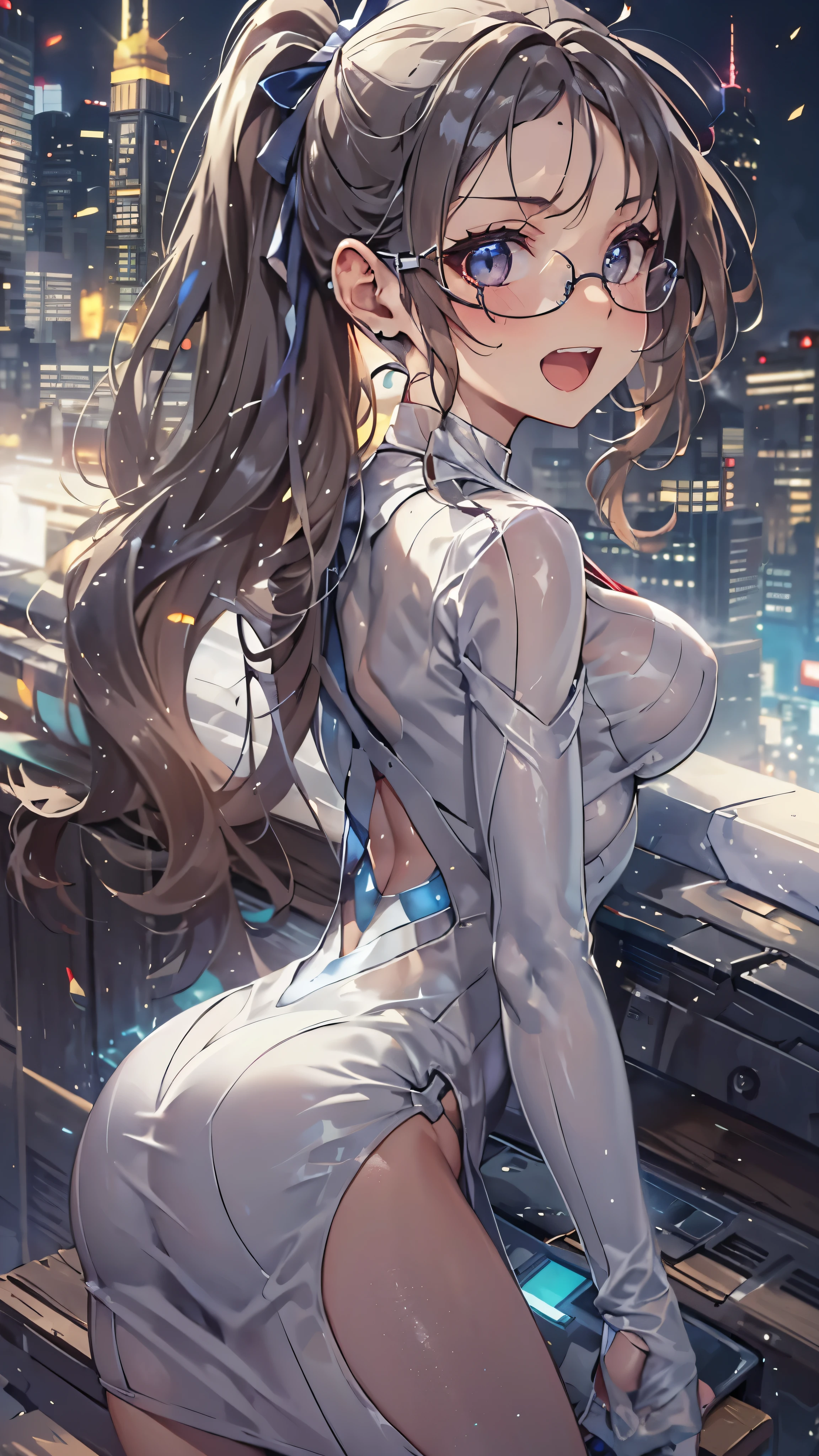 woman,,,city,night,(((white tight miniskirt bodysuit))),,open mouth smile((See-through))Glasses,((Beautiful long ponytail)),((baby girl bohape))