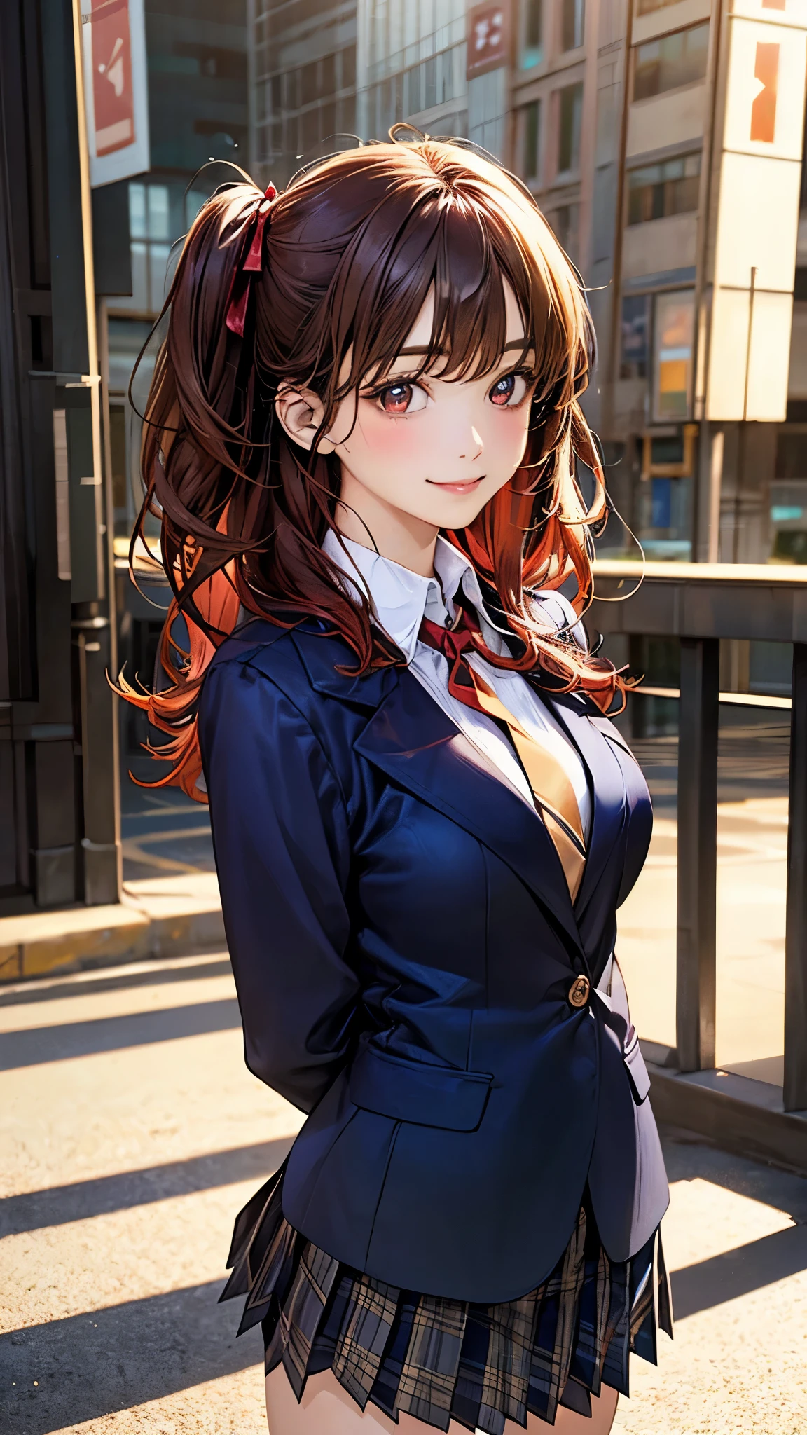 (masterpiece:1.2, top-quality), (realistic, photorealistic:1.4), beautiful illustration, (natural side lighting, movie lighting),
looking at viewer, cowboy shot, front view, 1 girl, japanese, high school girl, perfect face, cute and symmetrical face, shiny skin,
(middle hair:1.2, ((two side up:1.2)), brown hair), gold eyes, (large breasts:0.6, seductive thighs),
beautiful hair, beautiful face, beautiful detailed eyes, beautiful clavicle, beautiful body, beautiful chest, beautiful thigh, beautiful legs, beautiful fingers,
(((navy blazer, close blazer), white blouse shirt, light blue plaid pleated skirt, red ribbon tie), red hair ribbon),
(beautiful scenery), evening, riverside, walking, (lovely smile, upper eyes),