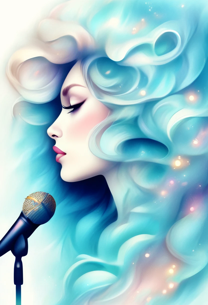 Picture of a beautiful woman in profile with long hair holding a microphone in her hand, beautiful digital illustrations, Beautiful artwork illustration, amazing digital illustrations, beautiful digital artwork, Inspired by Anna Dittman, amazing digital art, exquisite digital illustration, In the style of Anna Dittmann, beautiful digital art, beautiful amazing digital art, very beautiful digital art, beautiful fantasy art portrait