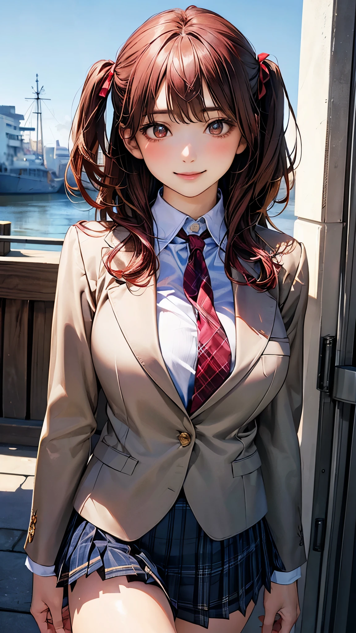 (masterpiece:1.2, top-quality), (realistic, photorealistic:1.4), beautiful illustration, (natural side lighting, movie lighting),
looking at viewer, cowboy shot, front view, 1 girl, japanese, high school girl, perfect face, cute and symmetrical face, shiny skin,
(middle hair:1.2, ((two side up:1.2)), brown hair), gold eyes, (large breasts:0.6, seductive thighs),
beautiful hair, beautiful face, beautiful detailed eyes, beautiful clavicle, beautiful body, beautiful chest, beautiful thigh, beautiful legs, beautiful fingers,
(((navy blazer, close blazer), white blouse shirt, light blue plaid pleated skirt, red ribbon tie), red hair ribbon),
(beautiful scenery), evening, riverside, walking, (lovely smile, upper eyes),