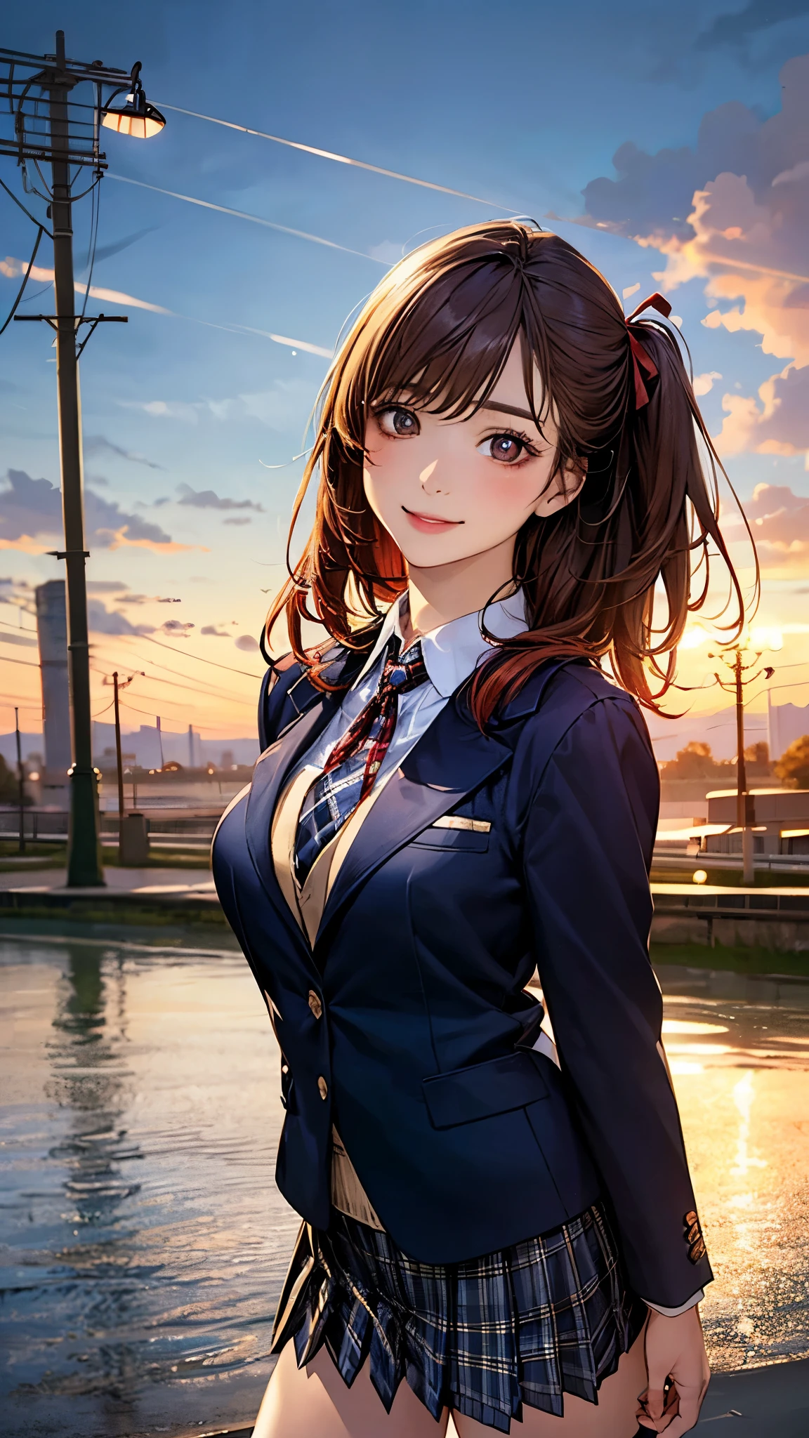 (masterpiece:1.2, top-quality), (realistic, photorealistic:1.4), beautiful illustration, (natural side lighting, movie lighting),
looking at viewer, cowboy shot, front view, 1 girl, japanese, high school girl, perfect face, cute and symmetrical face, shiny skin,
(middle hair:1.2, ((two side up:1.2)), brown hair), gold eyes, (large breasts:0.6, seductive thighs),
beautiful hair, beautiful face, beautiful detailed eyes, beautiful clavicle, beautiful body, beautiful chest, beautiful thigh, beautiful legs, beautiful fingers,
(((navy blazer, close blazer), white blouse shirt, light blue plaid pleated skirt, red ribbon tie), red hair ribbon),
(beautiful scenery), evening, riverside, walking, (lovely smile, upper eyes),