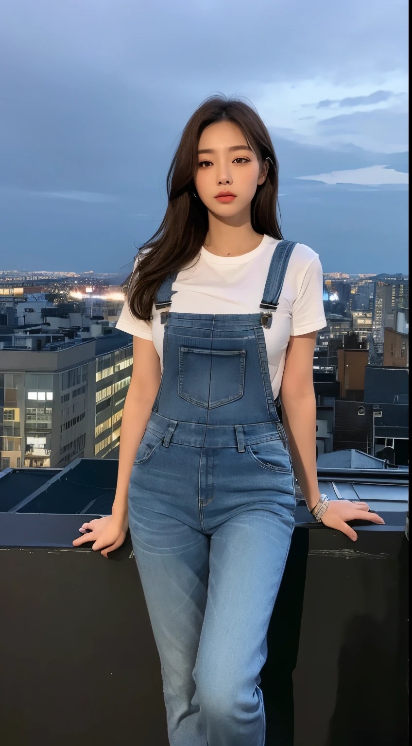 ((midnight, best quality, 8k, masterpiece :1.3)), whole body, long legs, sharp focus :1.2, beautiful woman,Perfect body :1.4, slim abs :1.1, ((dark brown hair, big breasts :1.2)), (White tight T-shirt, overalls jeans, permanent:1.2), ((city night view, roof:1.3)), Highly detailed facial and skin textures, delicate eyes, double eyelids