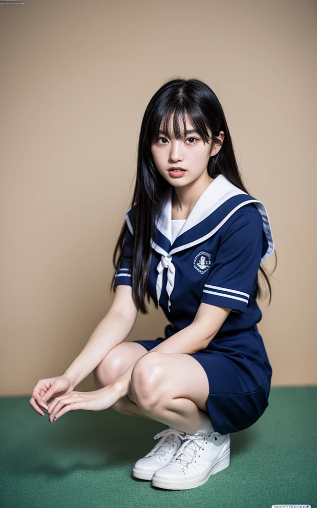 Highly detailed CG Unity 8K wallpaper, highest quality, Super detailed, masterpiece, realistic, photo realistic, Very knowledgeable cute girl, 15 years old, round eyes, viewer,  blush, parted lips, full body shot , 
sailor suit ,Engineer boot、In town, squatting down