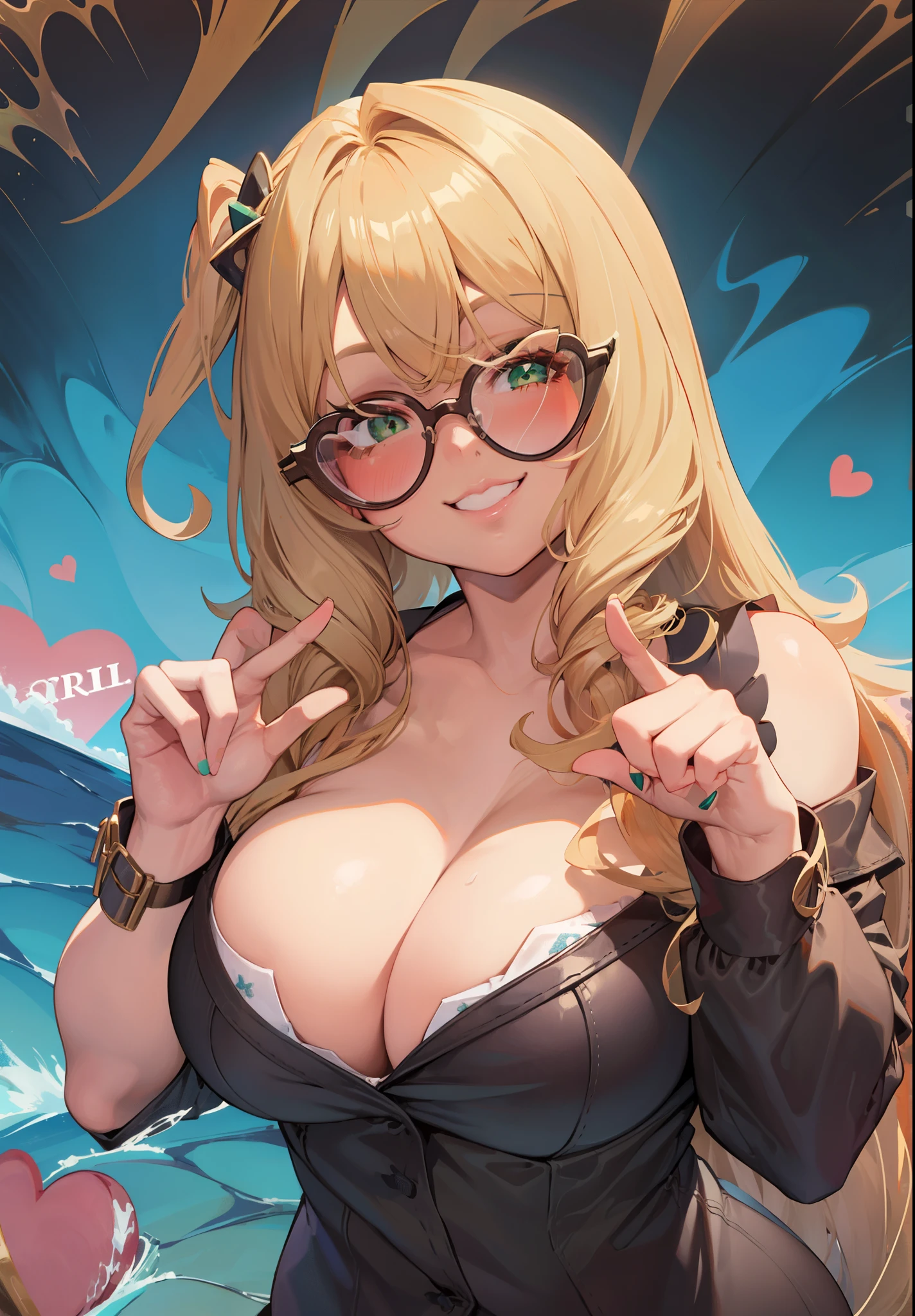 Sandy blonde hair, black tips, glasses, green eyes, l big , thick thighs, hours glasses, wavey hair, (((1girl))), heart hand gesture, smile 