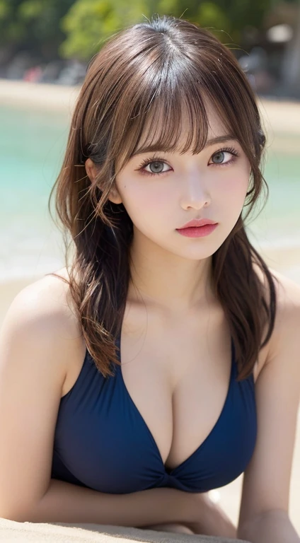 table top, highest quality, figure, super detailed, finely, High resolution, 8k wallpaper, 完璧なダイナミックな構figure, beautiful and fine eyes,She's a Gal,swimsuit,blonde, random cute hairstyles, super big breasts, natural color lip,beach, random cute poses,heavy makeup