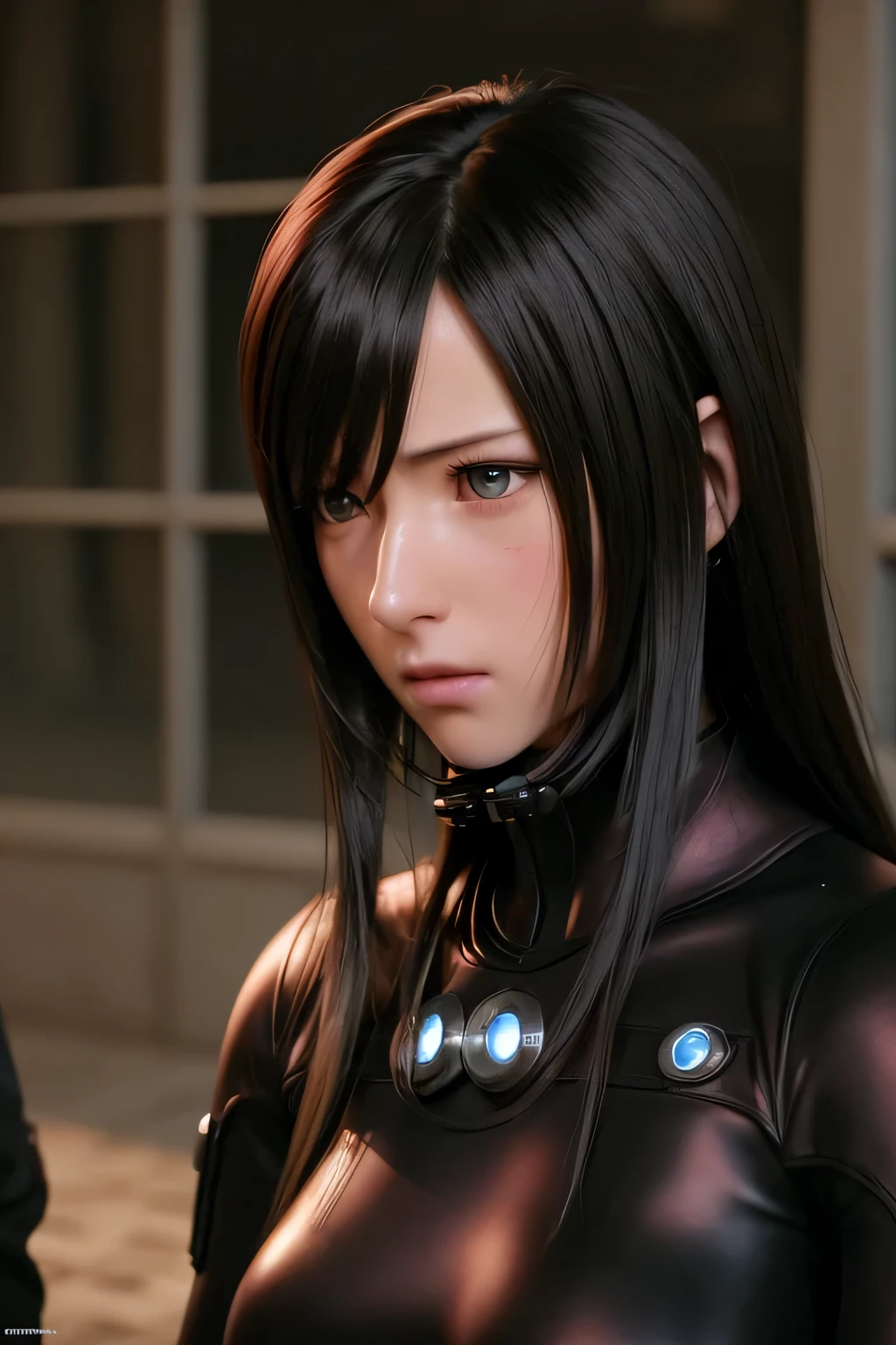 (blush:1.2),reika\(GANTZ Suit\), (8K, highest quality, masterpiece:1.2), (realistic, photo-realistic:1.37), super detailed, 1 girl,cute, alone, sad, beautiful face, black eye,