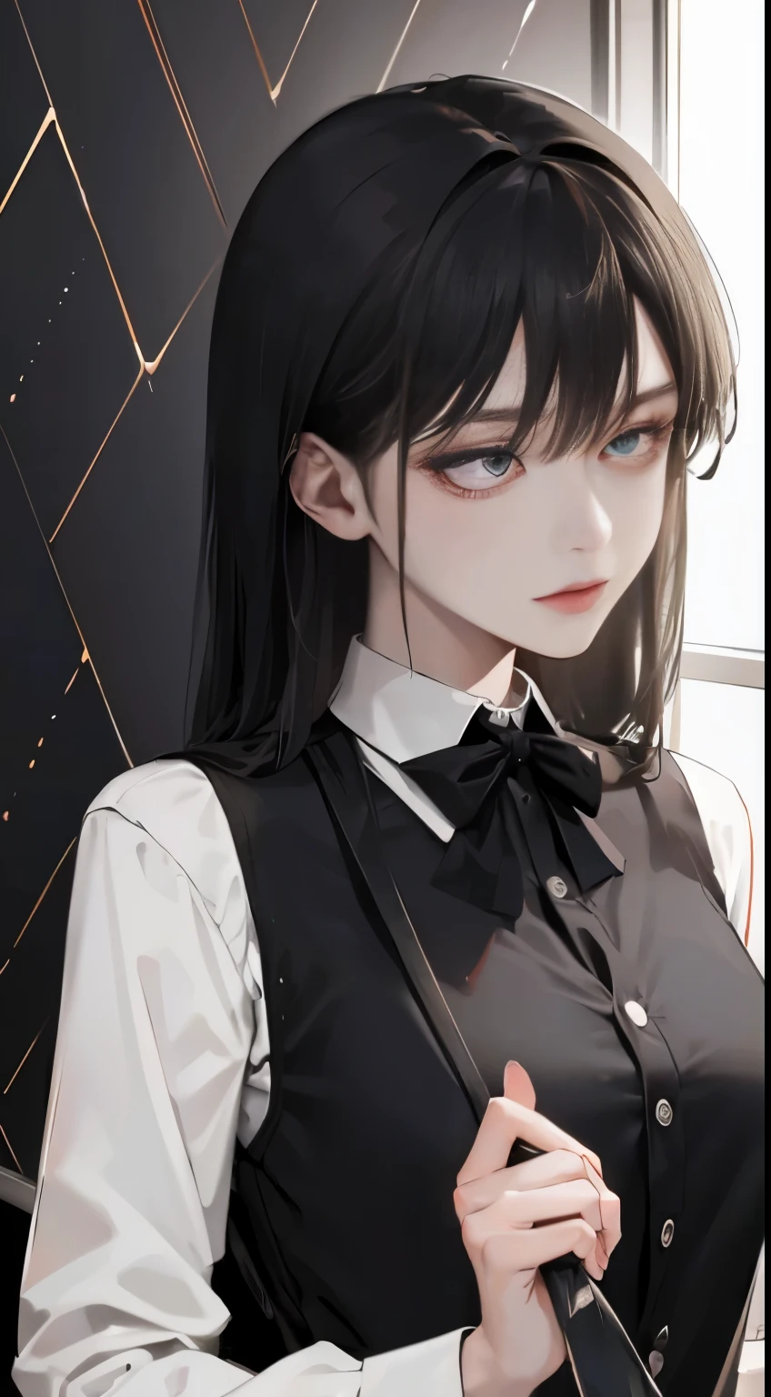 (surreal), (figure), (High resolution), (8K), (very detailed), (best figure), Yoru ( chainsaw man ), (beautiful and fine eyes), (highest quality), (super detailed), (masterpiece), (wallpaper), (detailed face), alone, Upper body, focus on face, 1 girl, long black hair, Korean, thin eye shadow, detailed eyes, brown eyes, small mole under the eye, long sleeve shirt, Neckbow, small breasts, pinafore dress, dynamic pose, Low illumination, night, dark, cloud, dark night