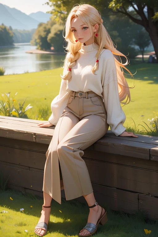 30 generation women,long blonde hair,one tied hairstyle,hair stretched out on the back,red earrings in ears,beige denim pants,Grass-colored tunic,River flat shoes